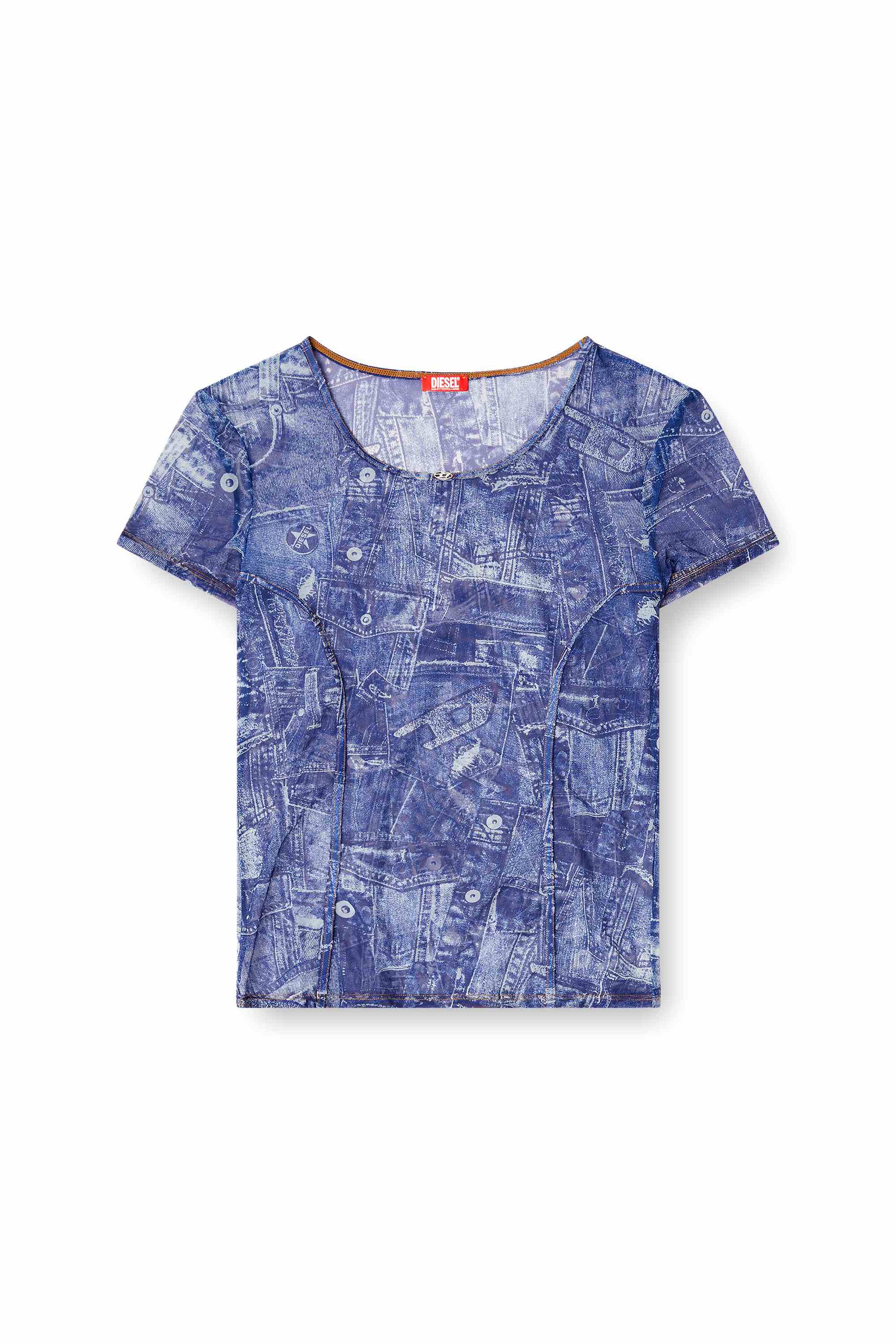 Blue Mesh top with all-over denim print
