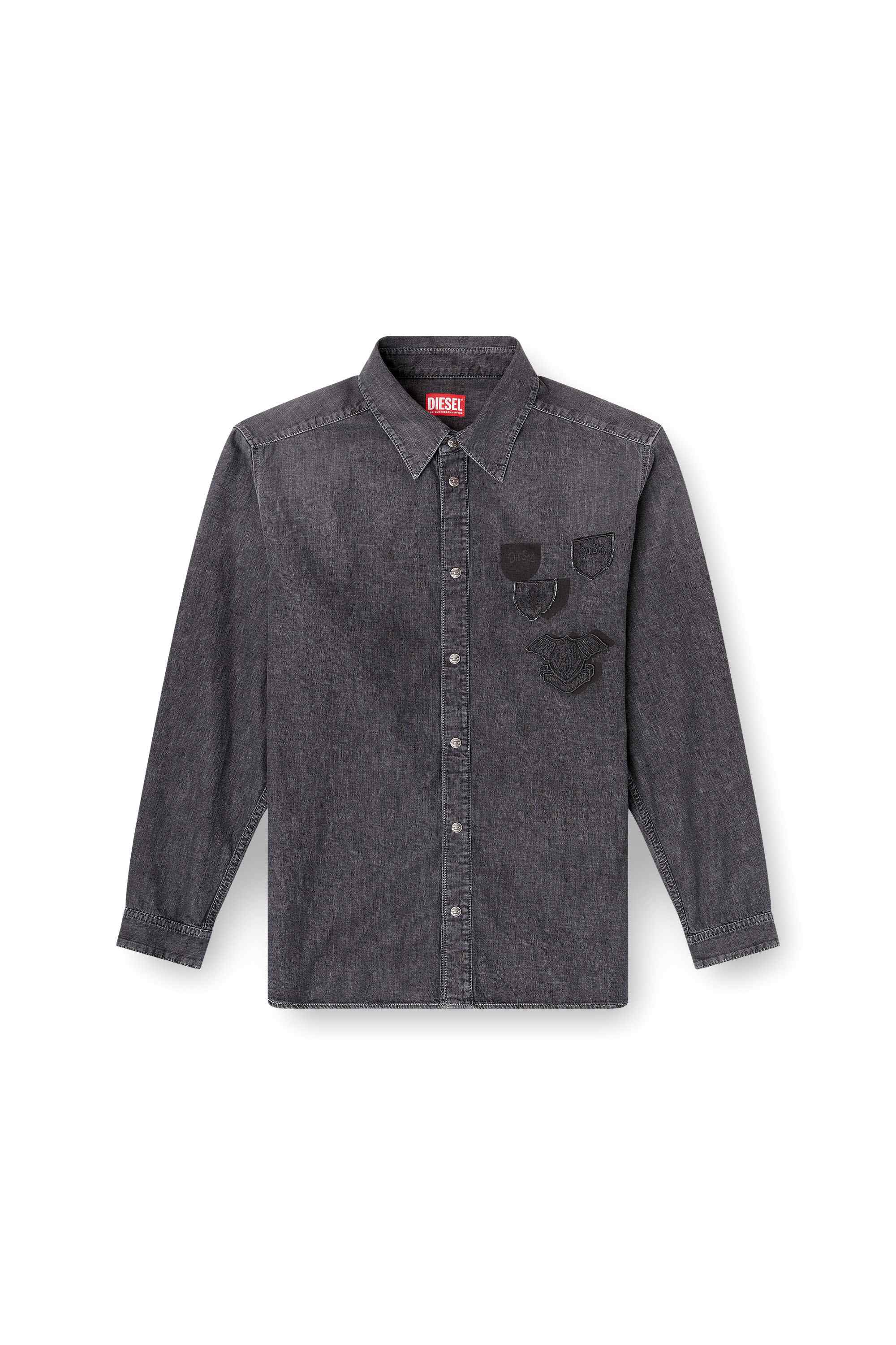 Grey Denim shirt with embroidered emblem