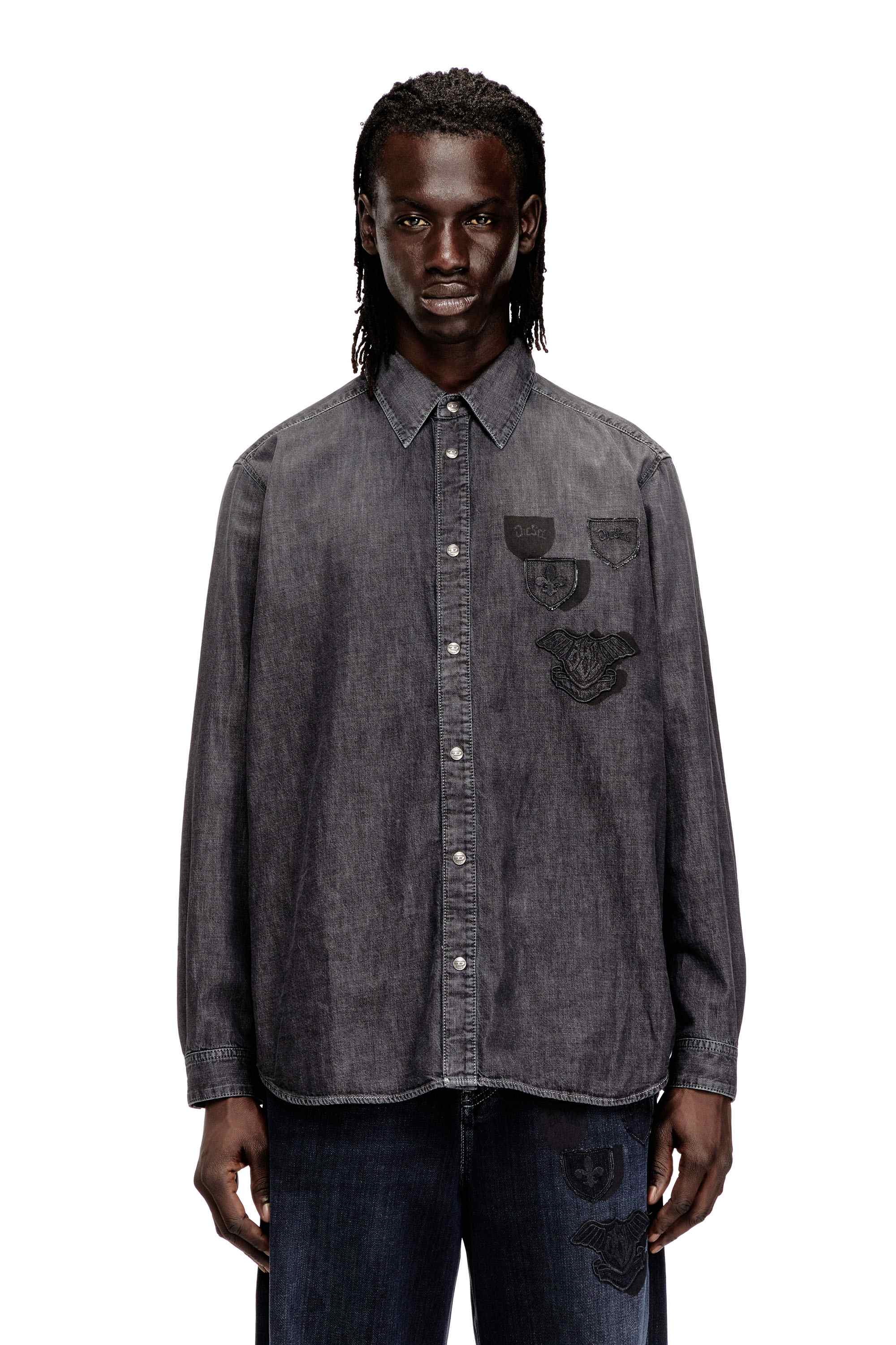 Grey Denim shirt with embroidered emblem