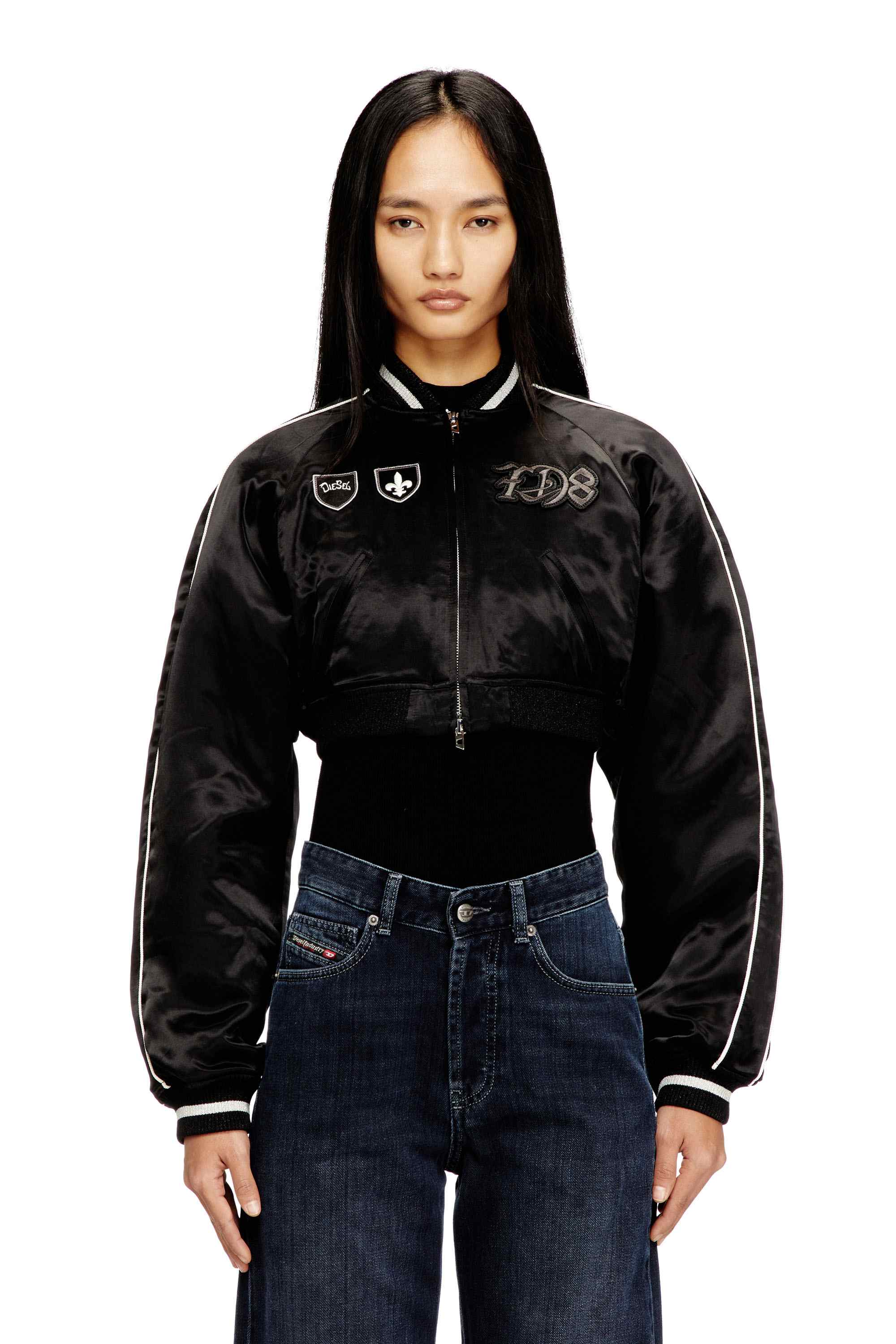 Black Cropped satin souvenir jacket