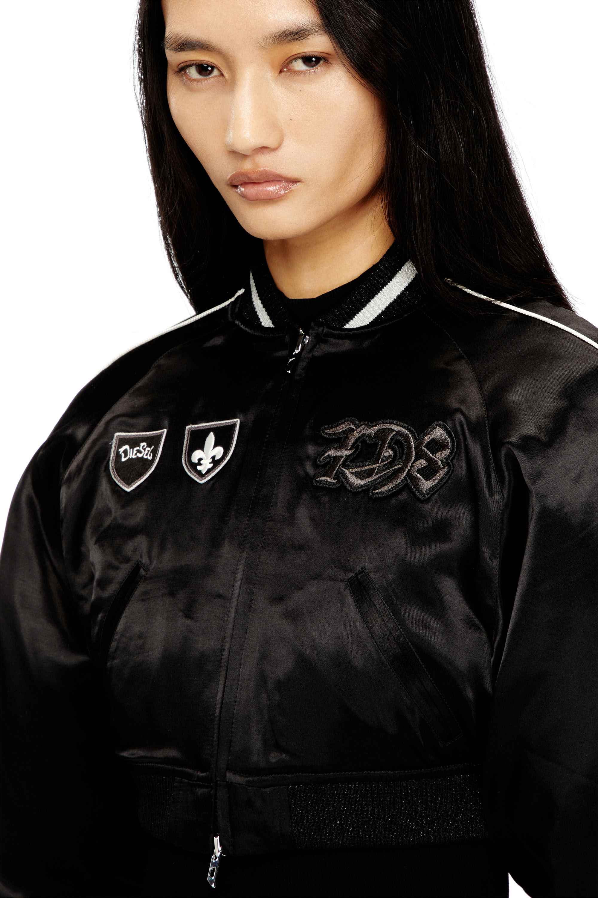Black Cropped satin souvenir jacket