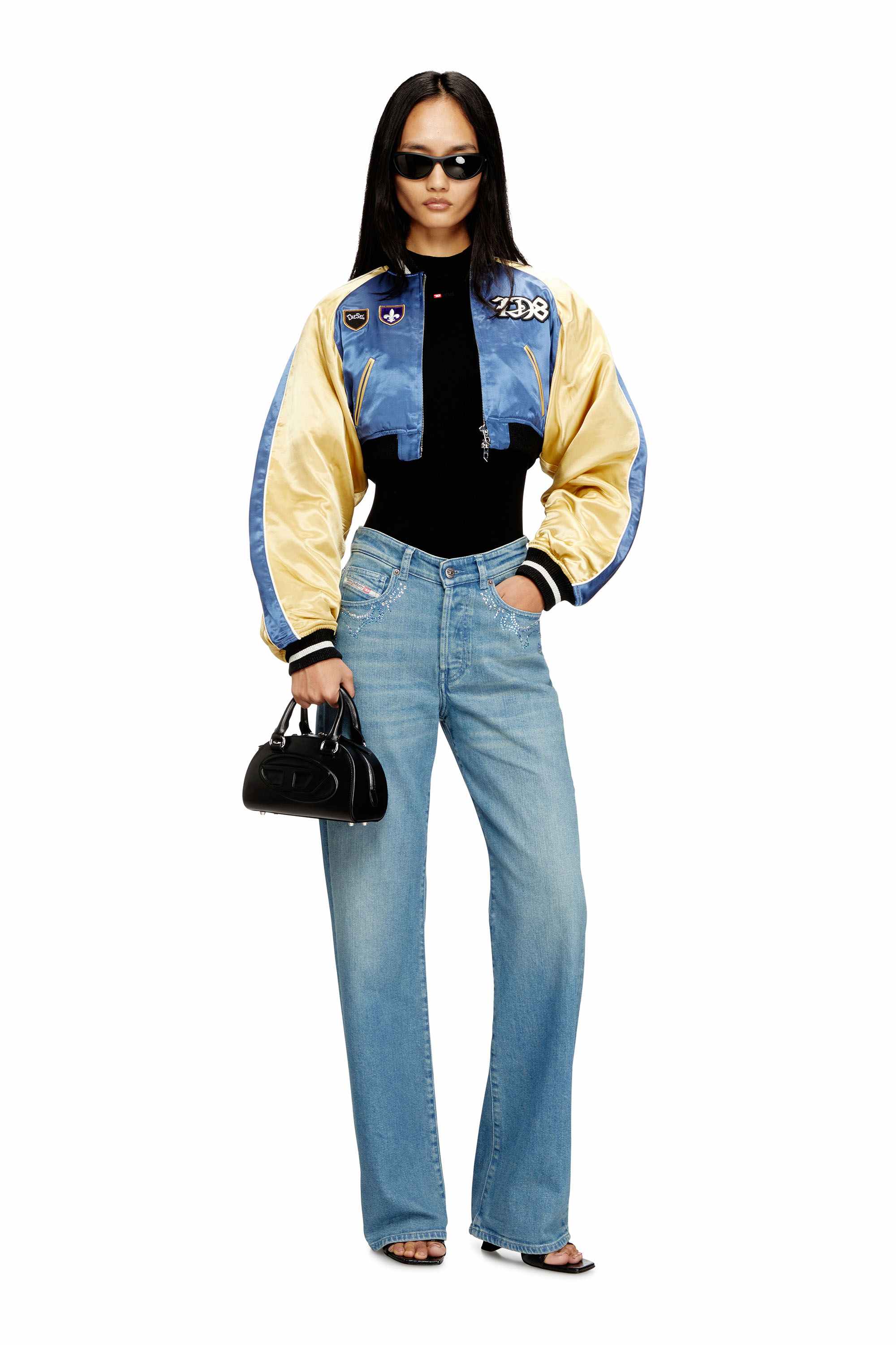 Blue Cropped satin souvenir jacket