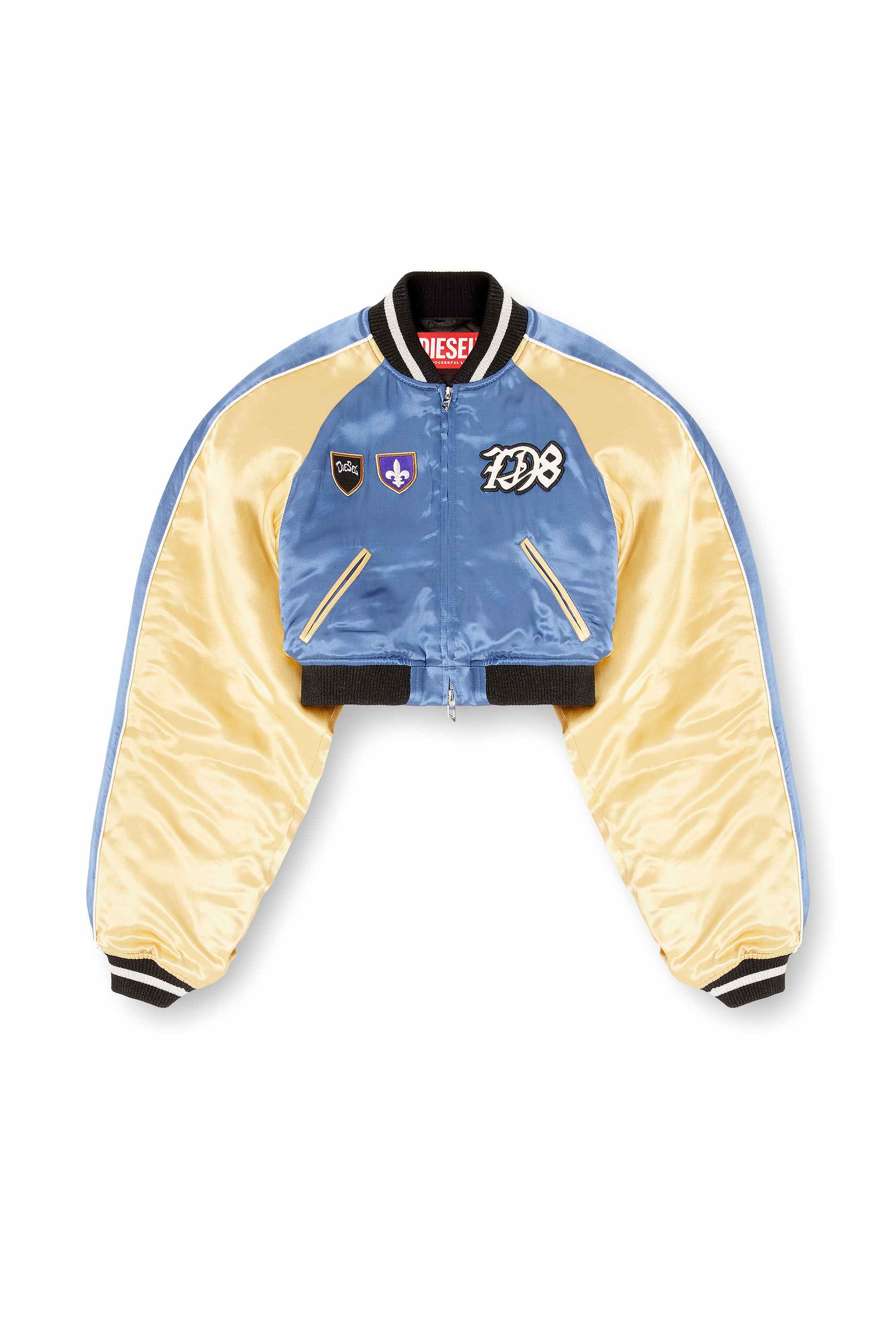 Blue Cropped satin souvenir jacket
