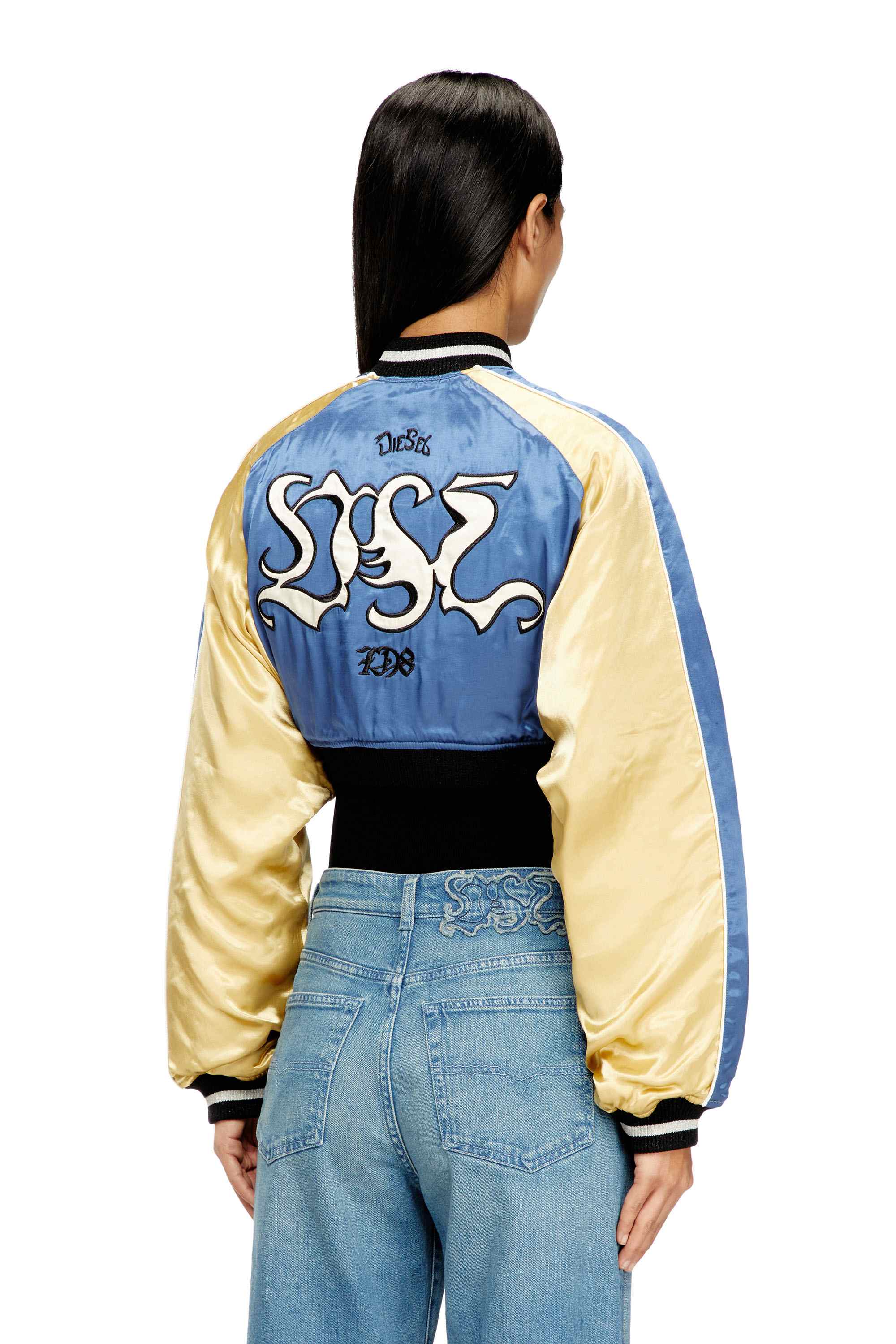Blue Cropped satin souvenir jacket