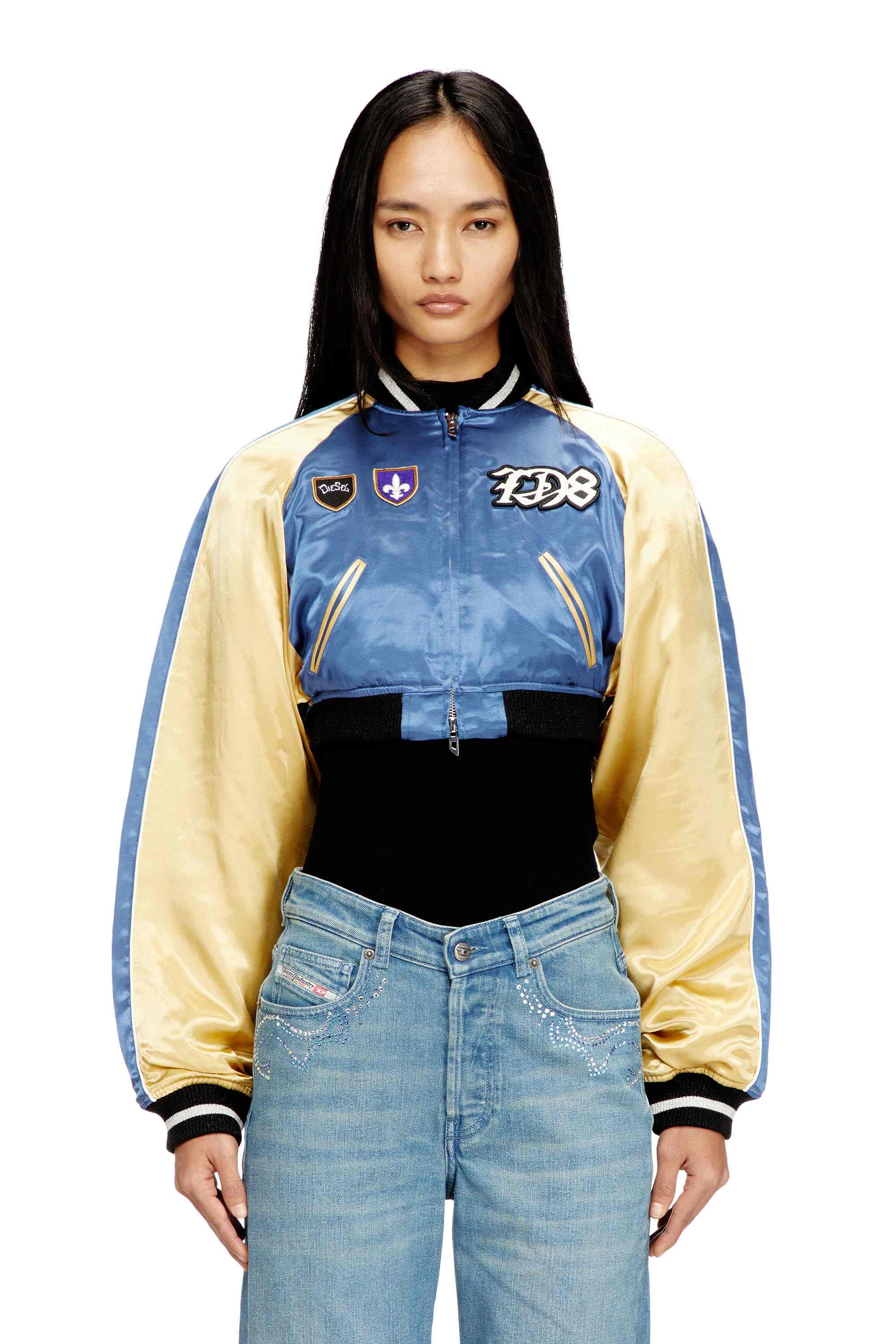 Blue Cropped satin souvenir jacket