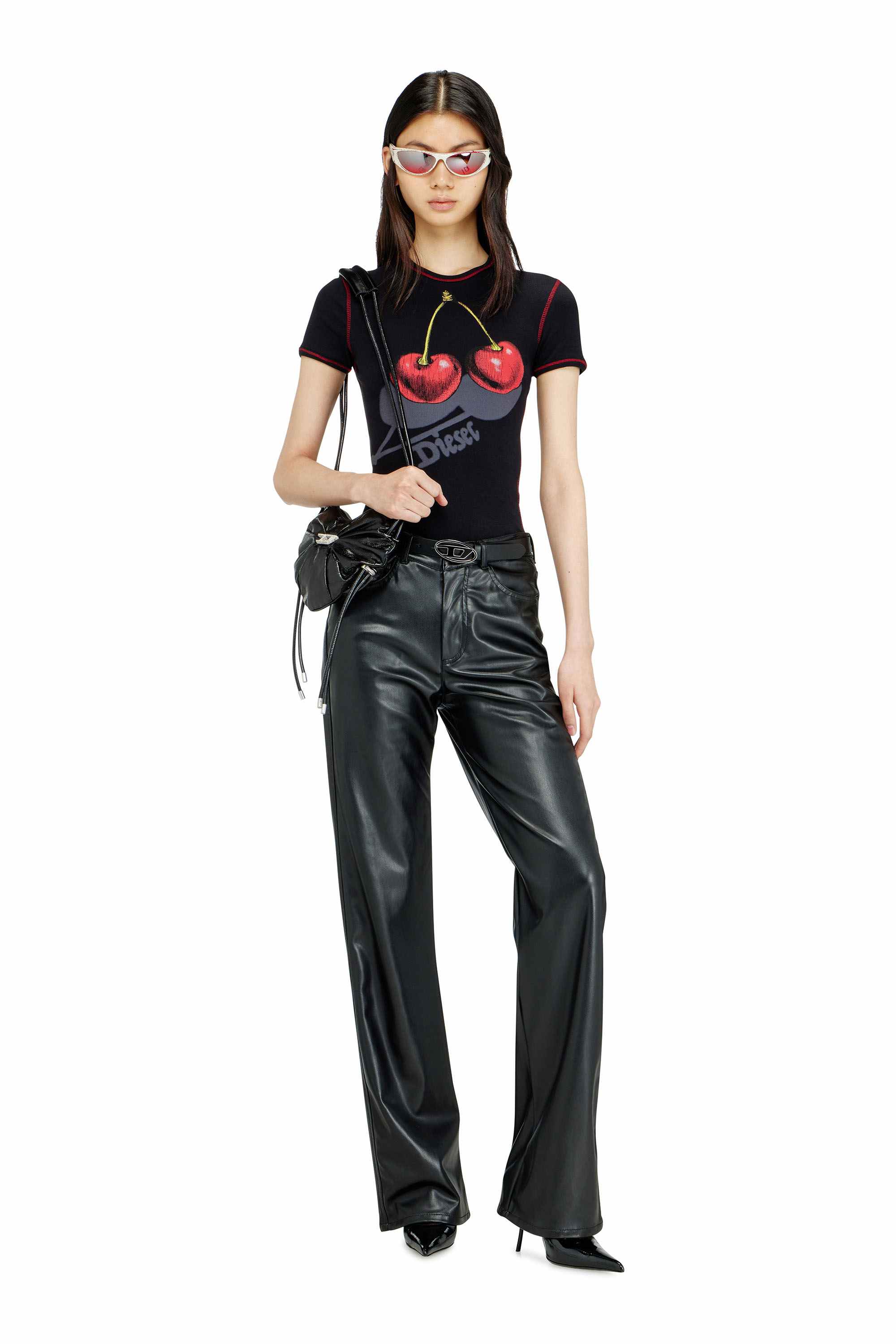 Black Slim cotton T-shirt with cherry print Black