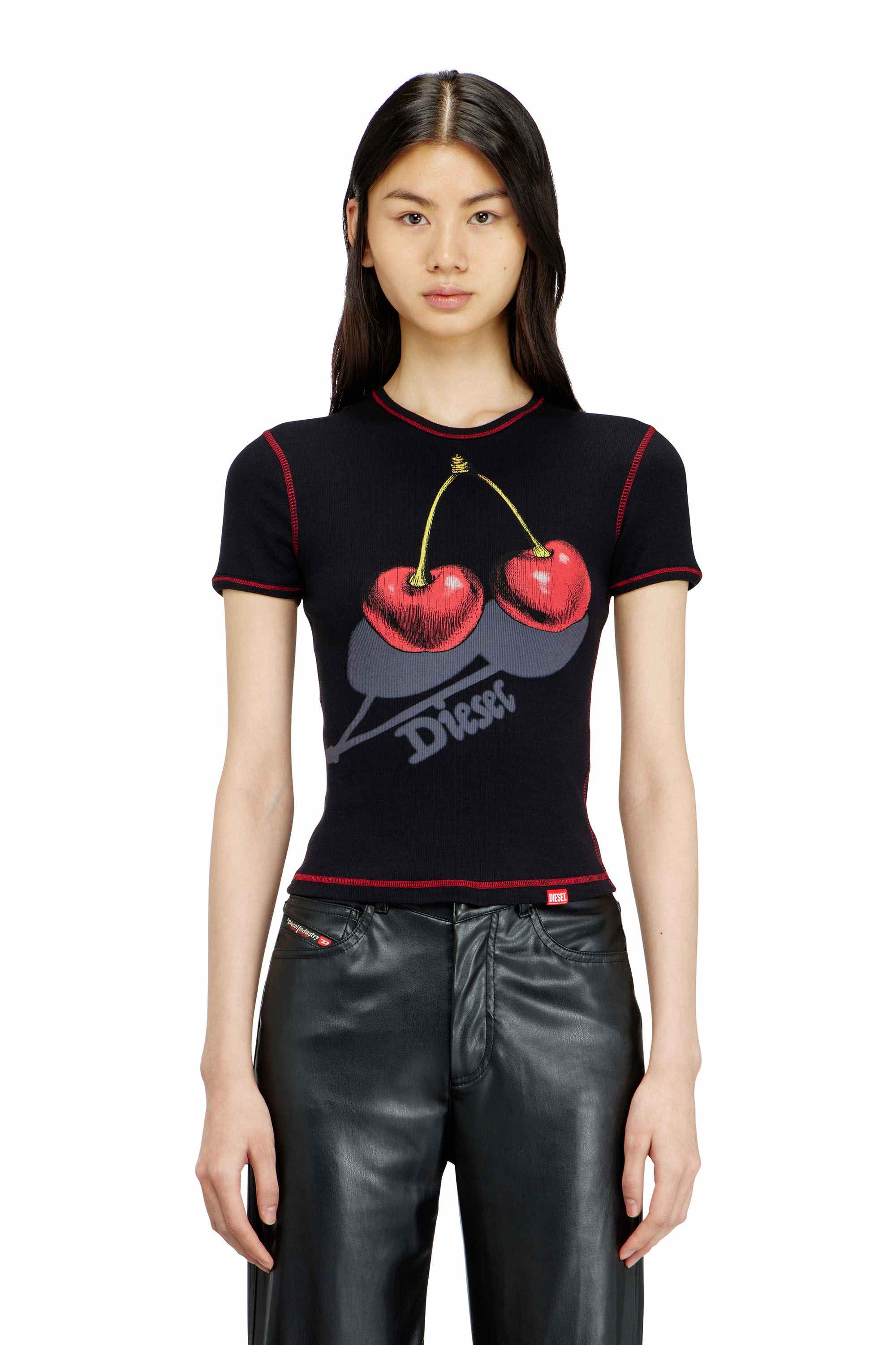 Black Slim cotton T-shirt with cherry print Black
