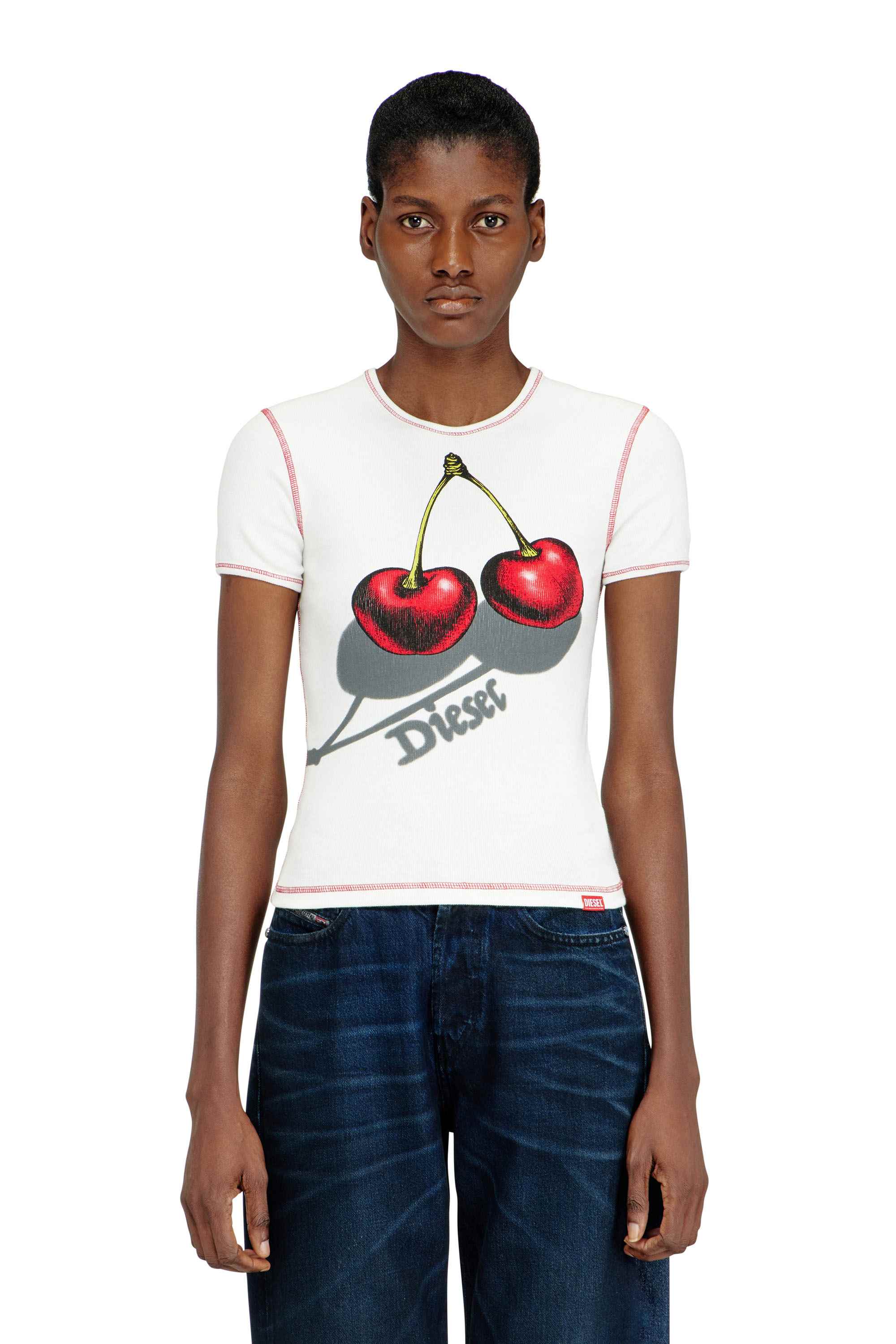 White Slim cotton T-shirt with cherry print White