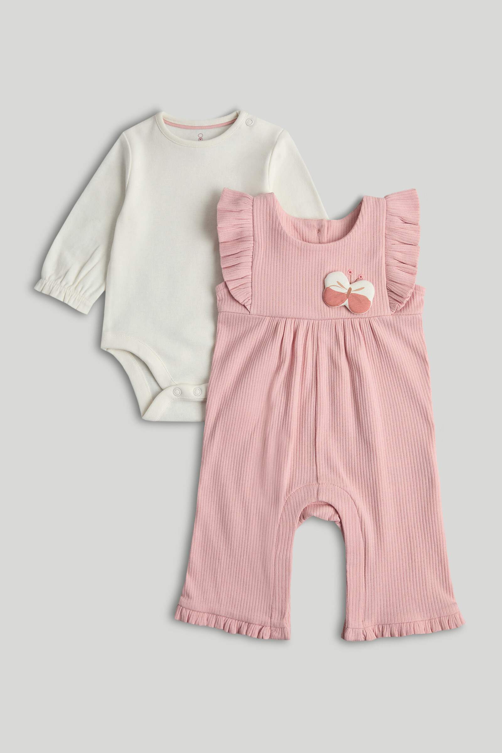 Mothercare My First Girls Full Sleeves 2-Piece Bodysuit and Dungaree Set - Light Pink