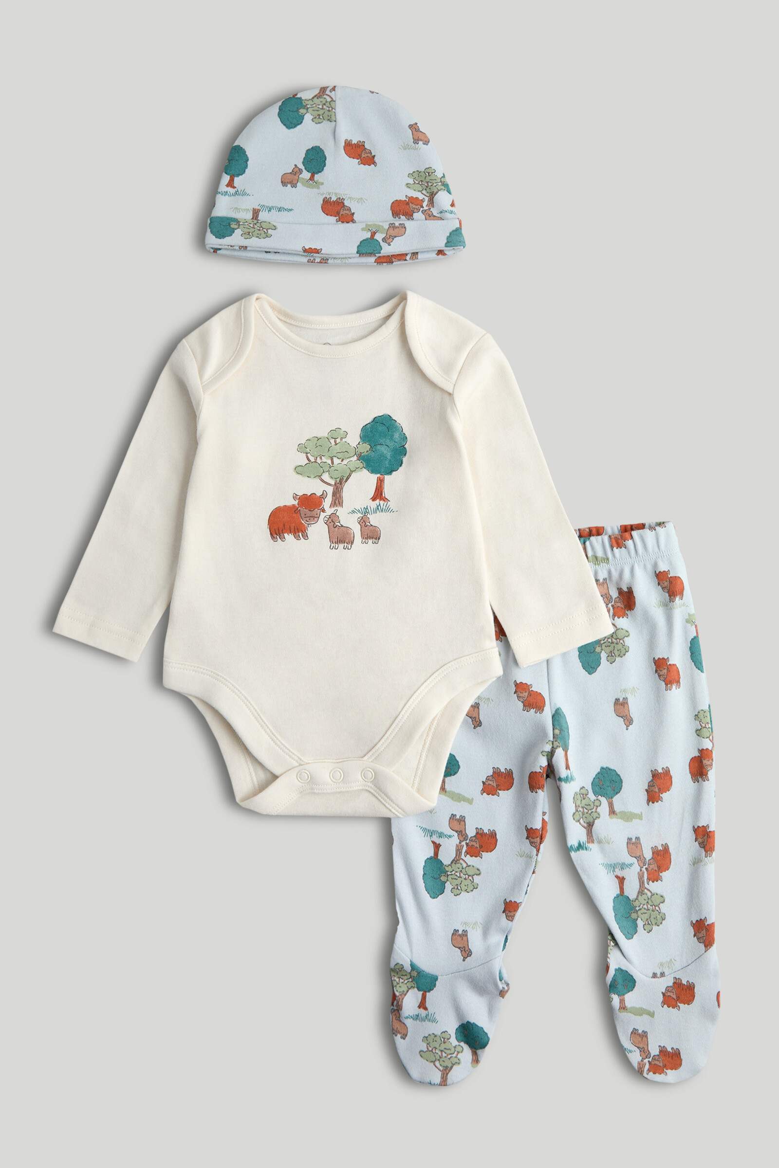 Mothercare Baby Boys Printed Full Sleeves 3-Piece Bodysuit and Legging with Hat Set - Blue