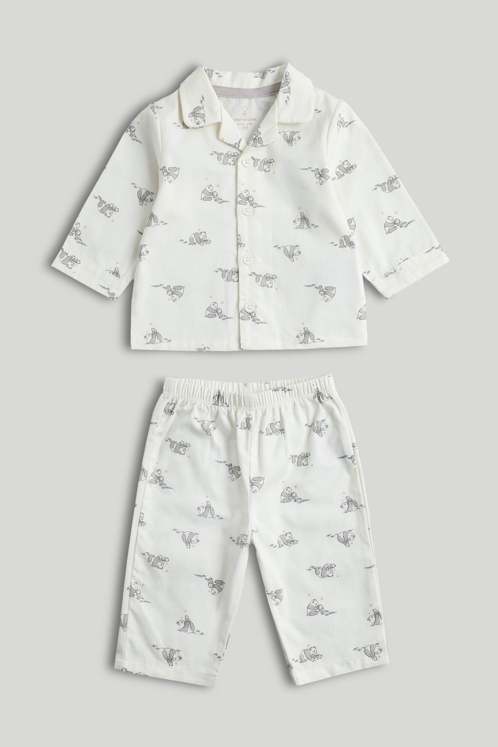 Mothercare Baby Unisex Printed Full Sleeves 2-Piece T-Shirt and Pyjama Set - Cream