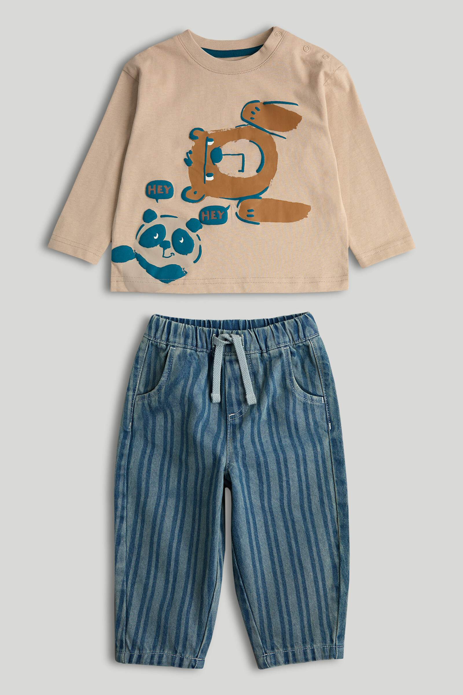 Mothercare Mini Boys Playful Wanderer Printed Full Sleeves 2-Piece Top and Joggers Set - Light Brown
