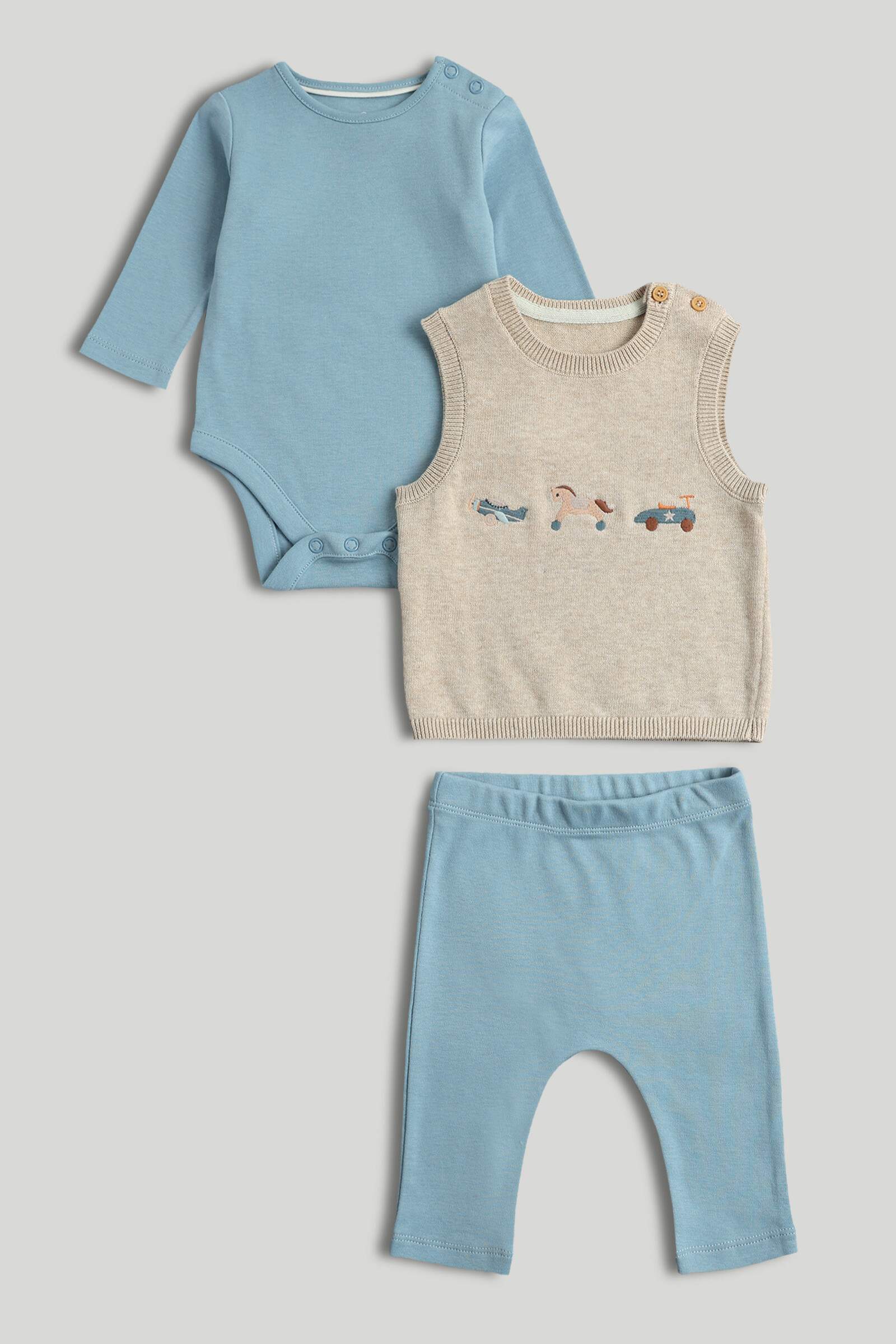 Mothercare Newborn Boys Vintage Toy Box Full Sleeves 3-Piece Bodysuit and Legging with Vest Set - Multi