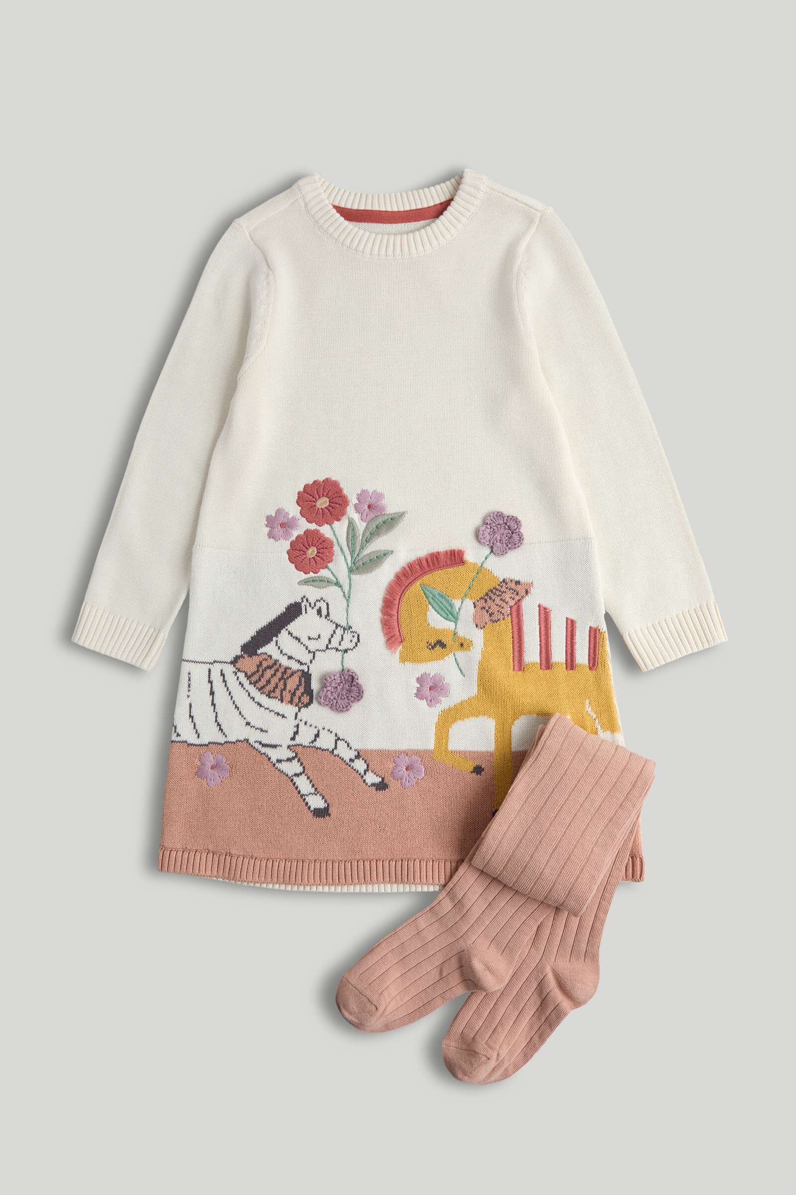 Mothercare Mini Girls Trapeze Printed Full Sleeves Dress with Tight - Cream