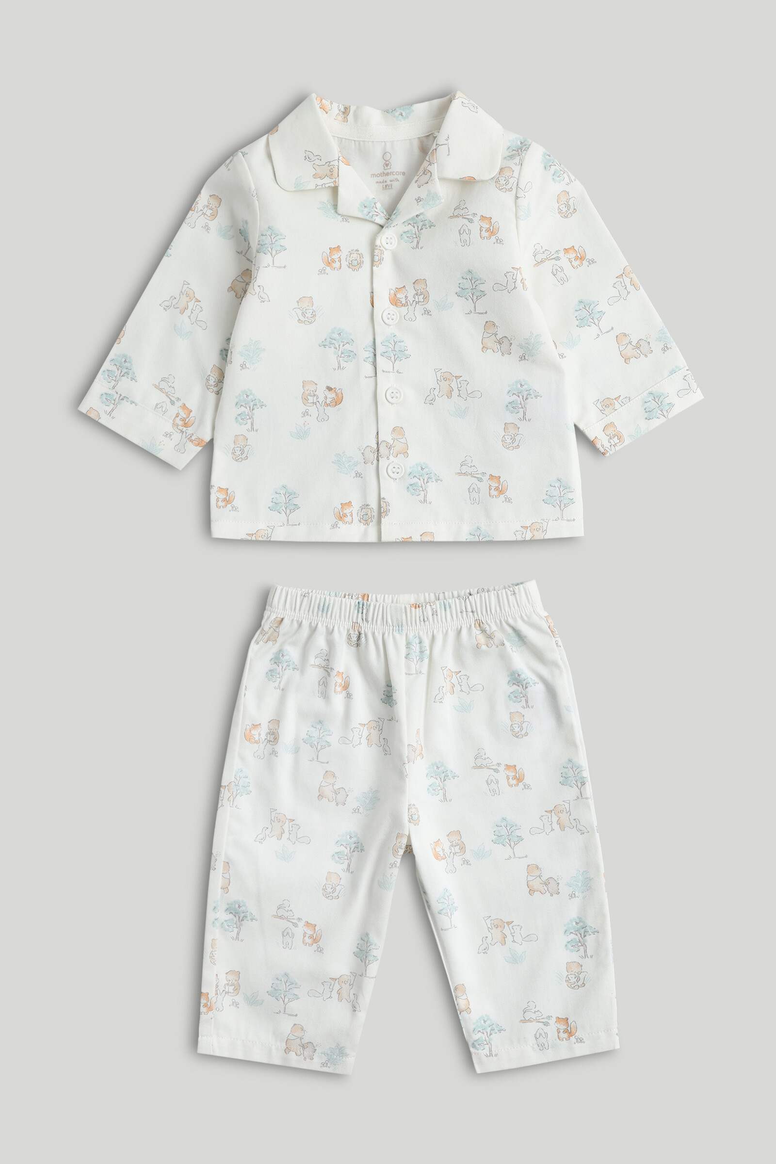 Mothercare Baby Unisex Printed Full Sleeves 2-Piece T-Shirt and Pyjama Set - Cream
