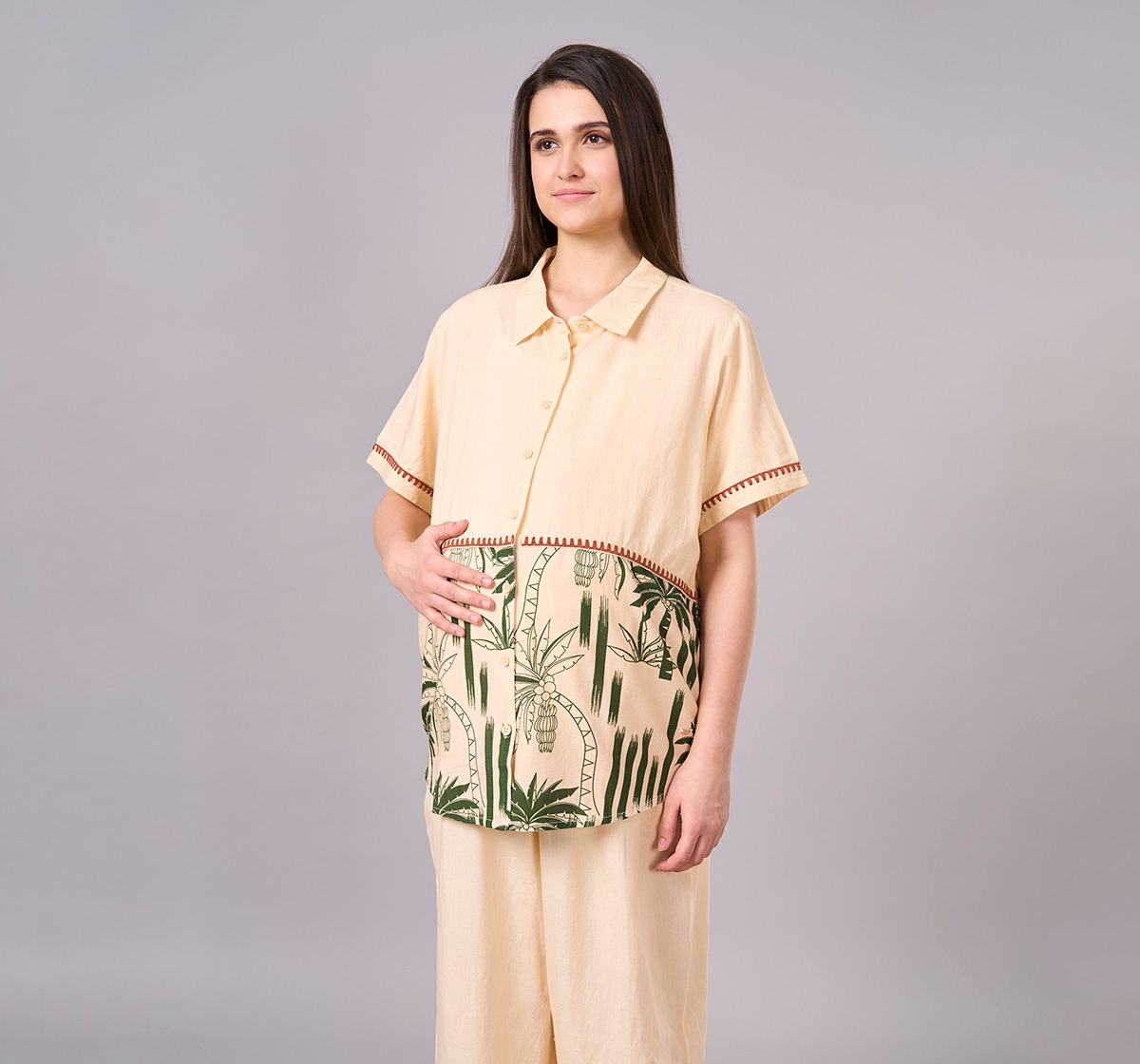 Maternity Clothing Cord Set Printed Beige