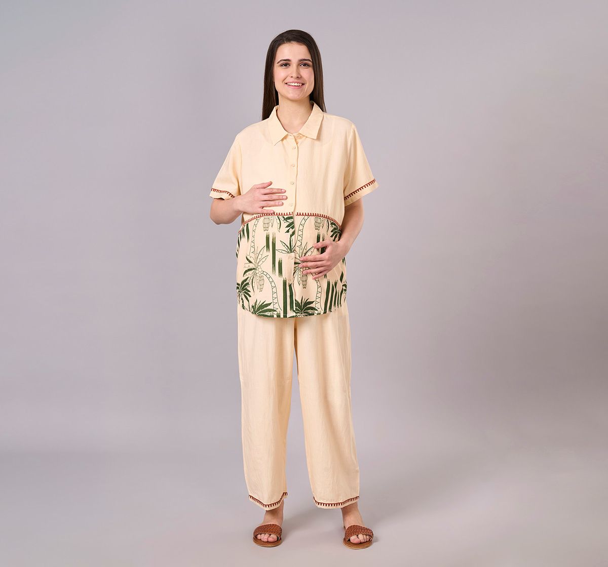 Maternity Clothing  Cord Set Printed Beige