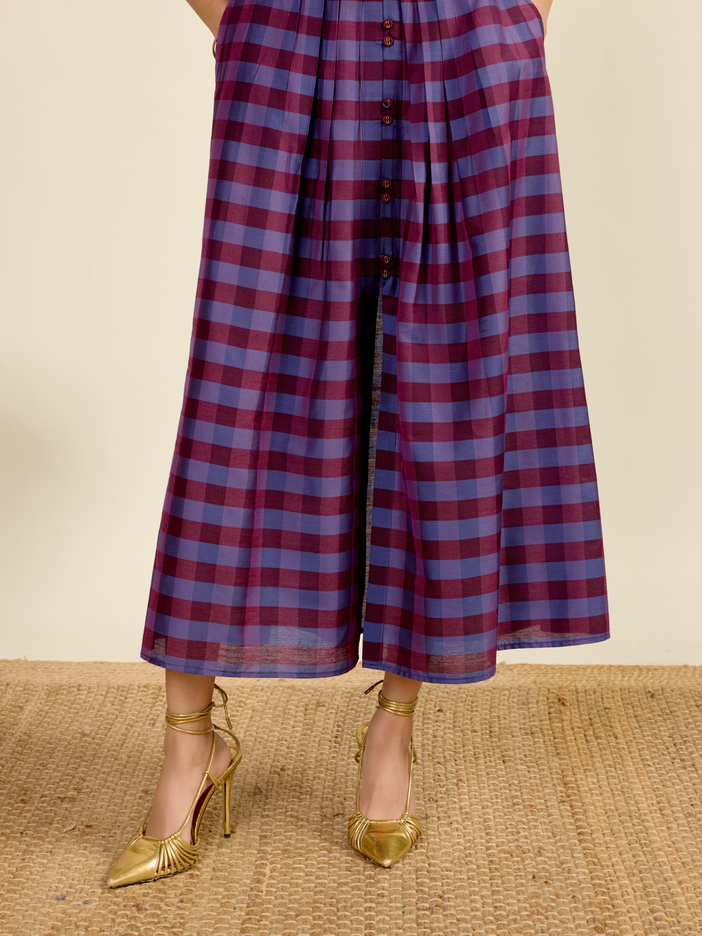 Purple Yarn Dyed Check Midi Dress