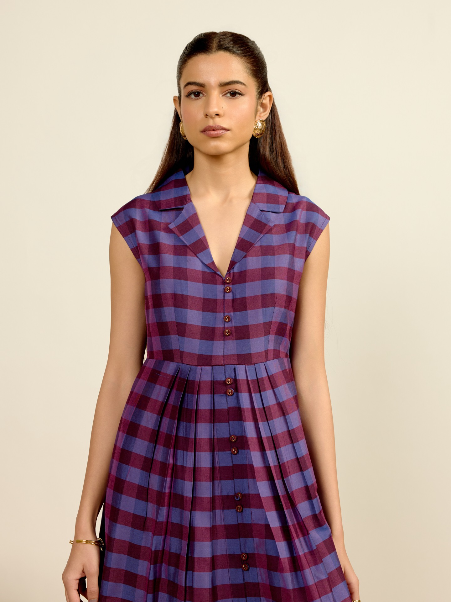 Purple Yarn Dyed Check Midi Dress
