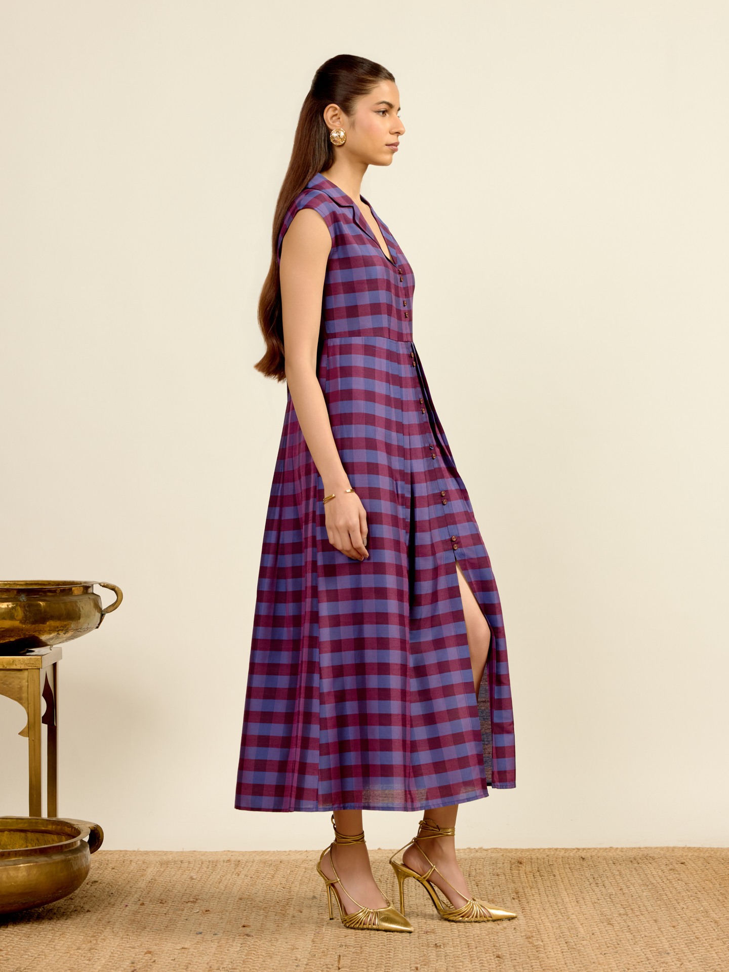Purple Yarn Dyed Check Midi Dress