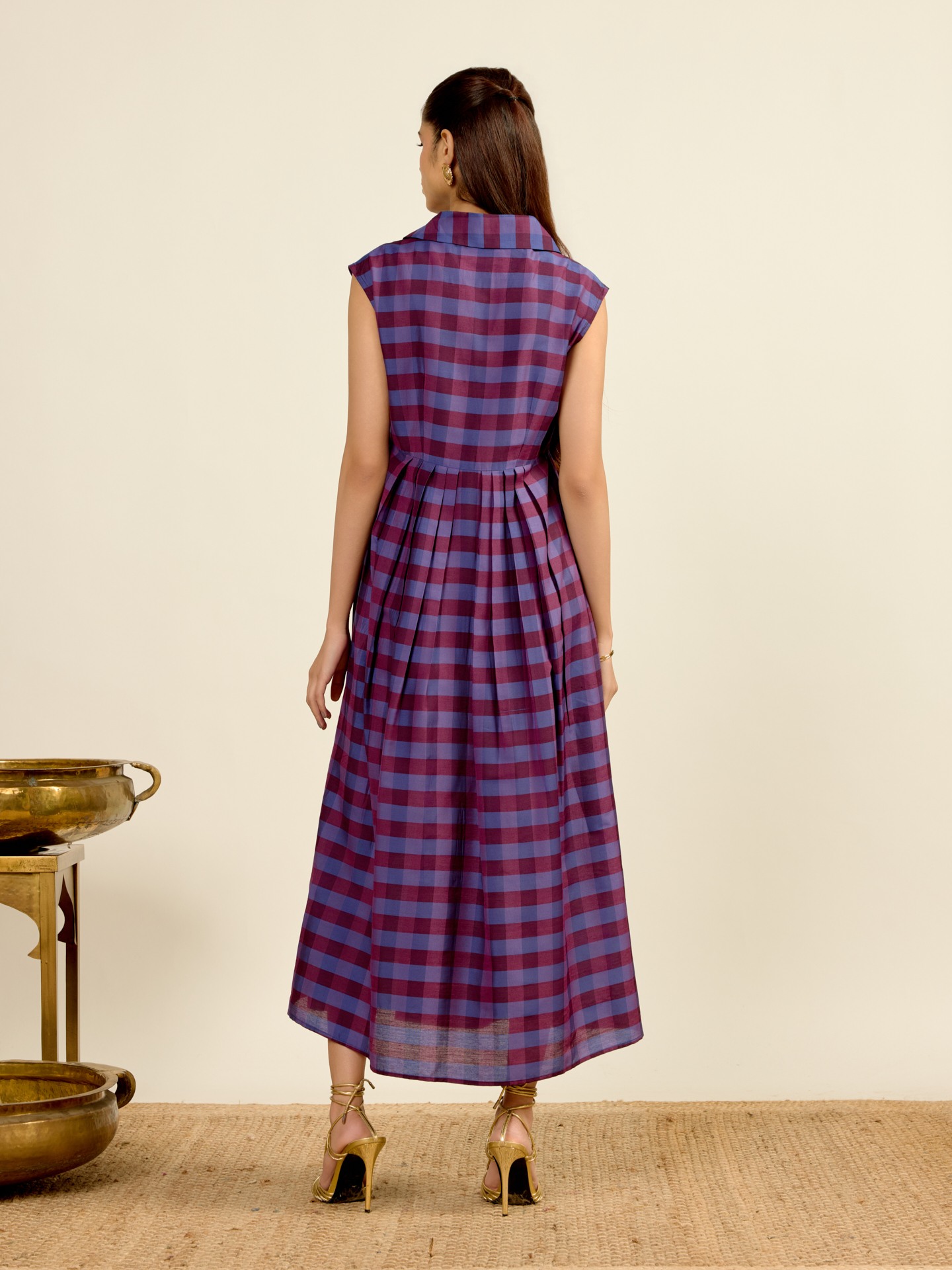 Purple Yarn Dyed Check Midi Dress