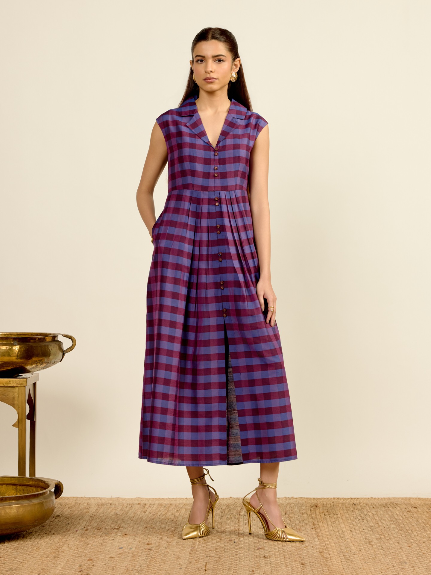 Purple Yarn Dyed Check Midi Dress