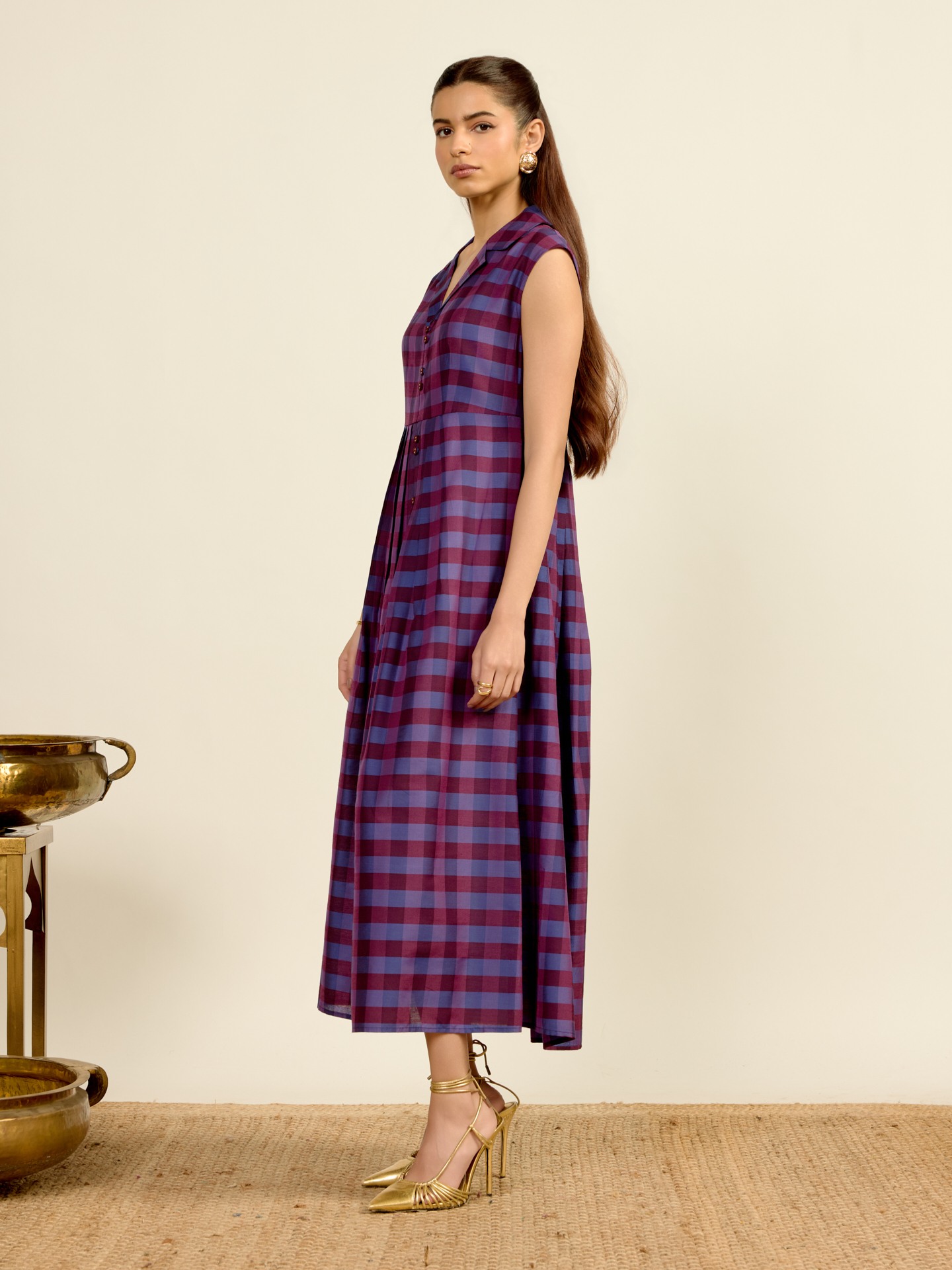Purple Yarn Dyed Check Midi Dress