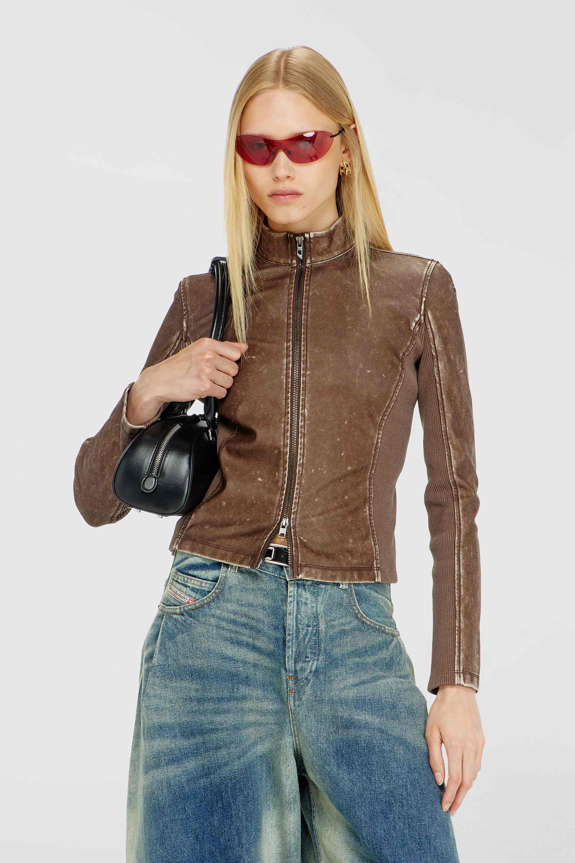 Brown Biker jacket with rib-knit inserts