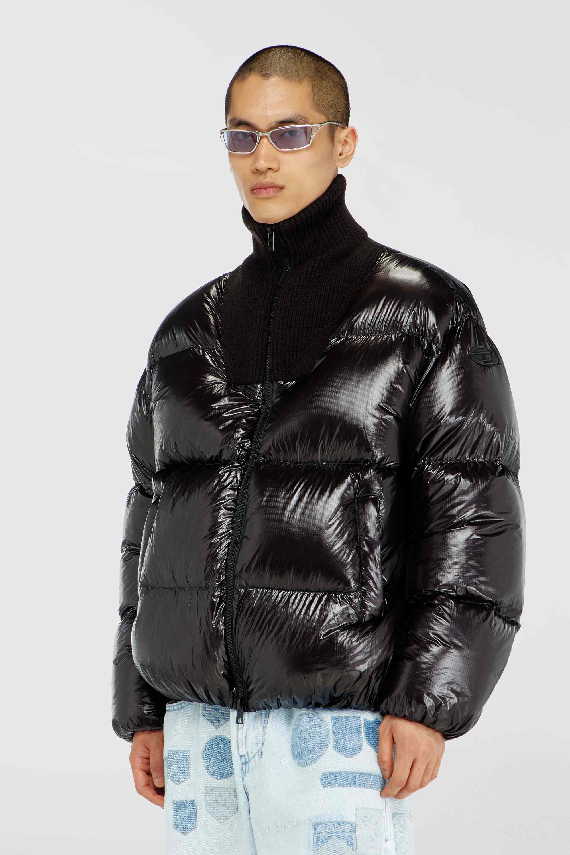 Black Down puffer jacket in ripstop with ribbed collar