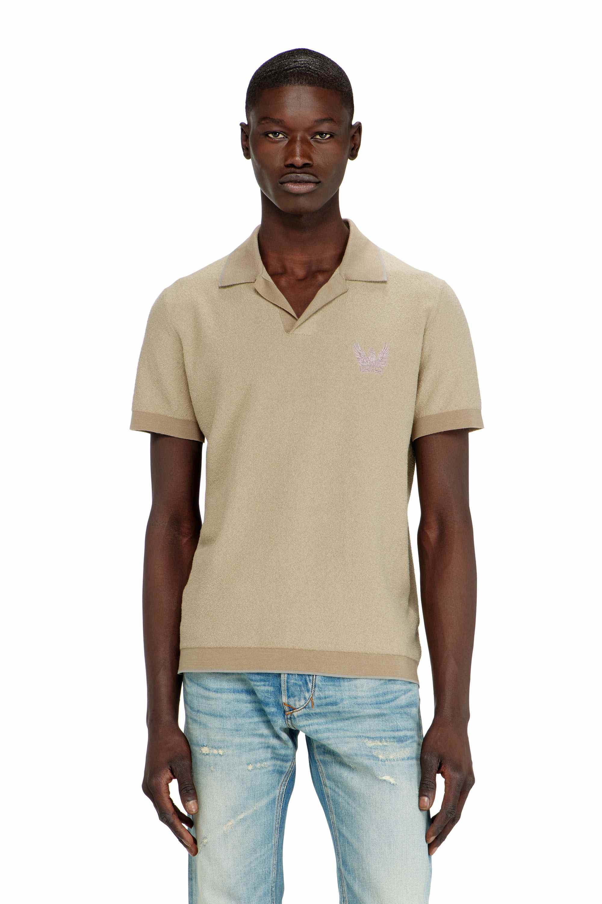 Beige Bouclé-knit polo shirt with Phoenix logo