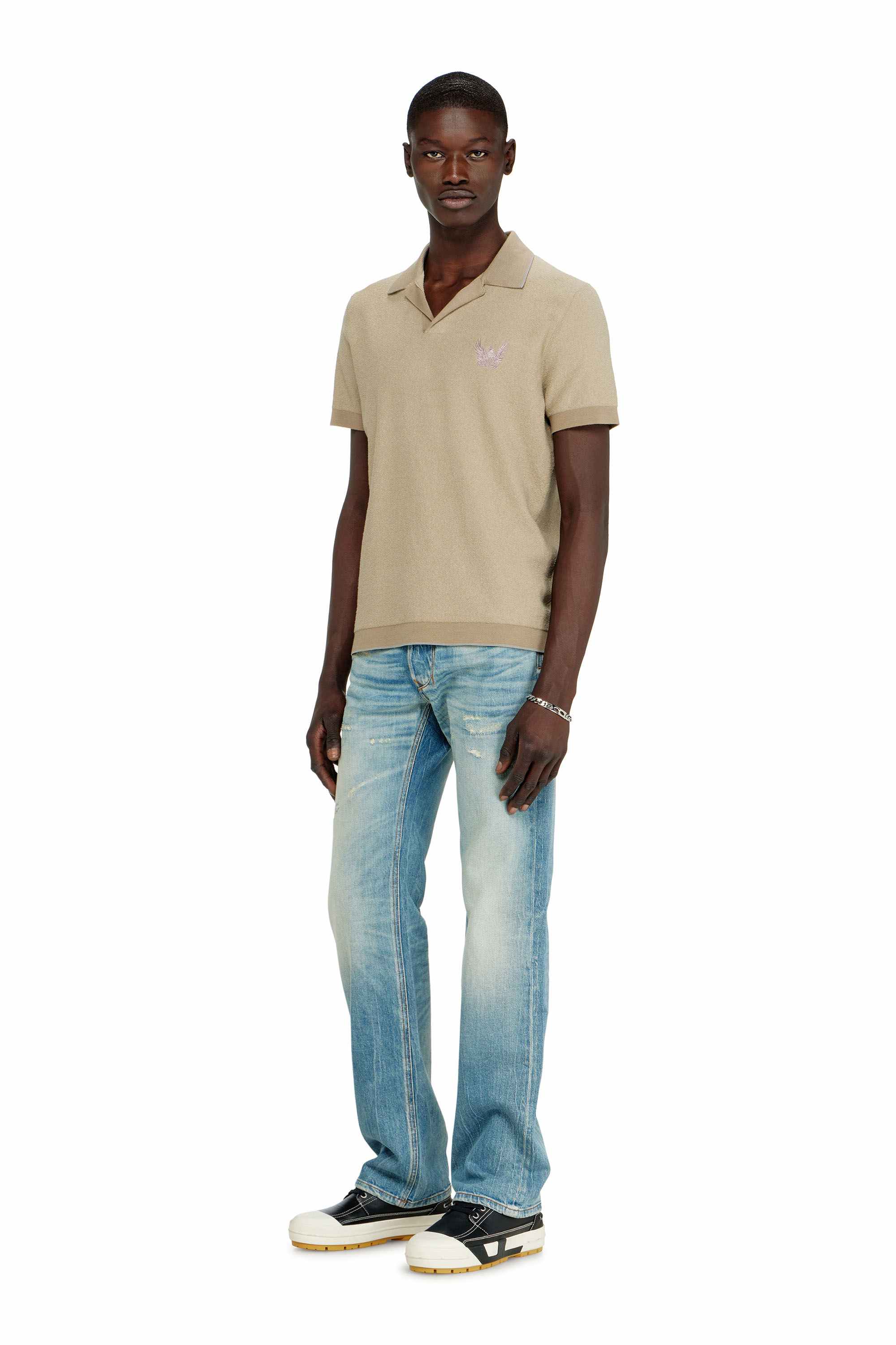 Beige Bouclé-knit polo shirt with Phoenix logo