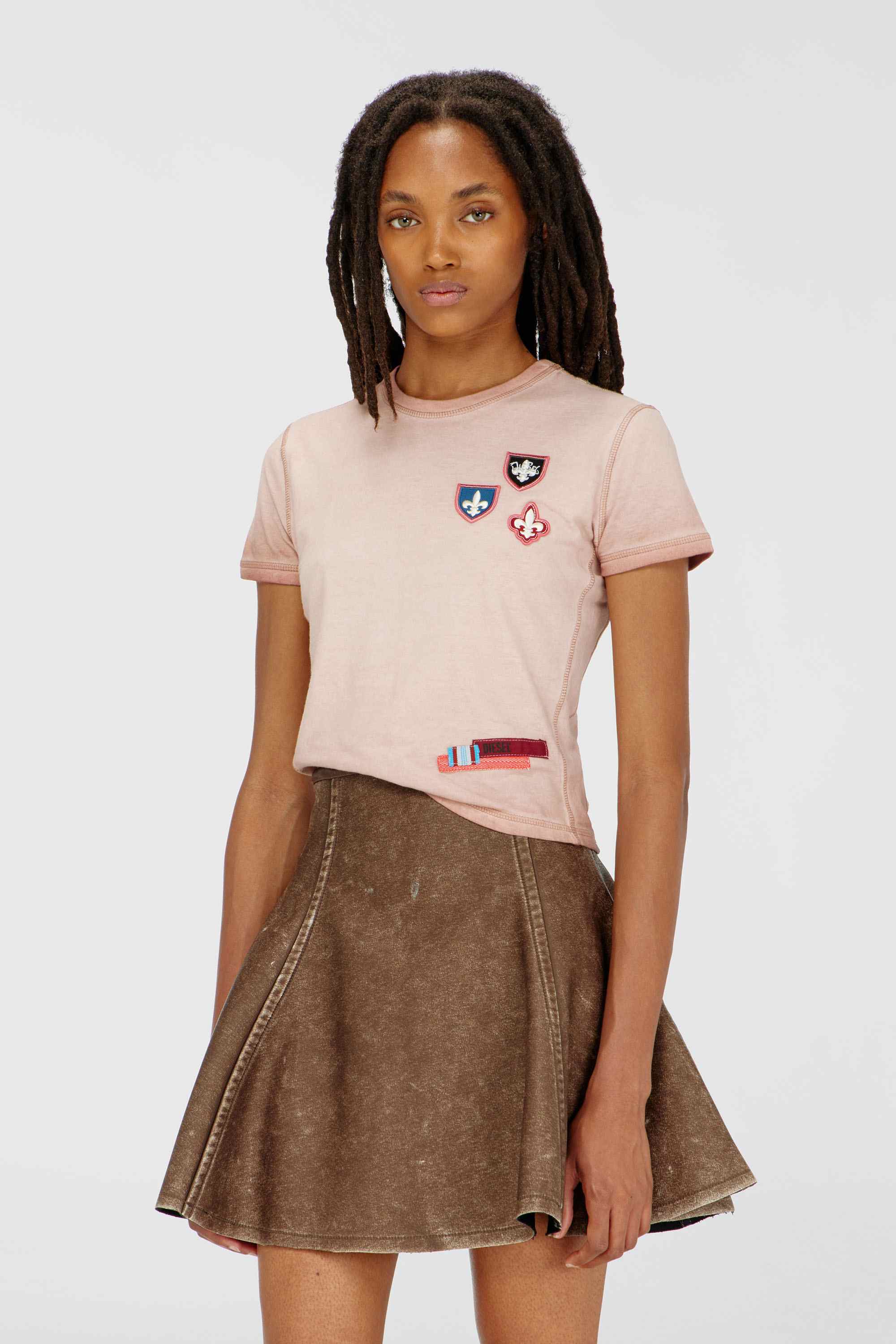 Pink T-shirt with patches and microwaffle sides