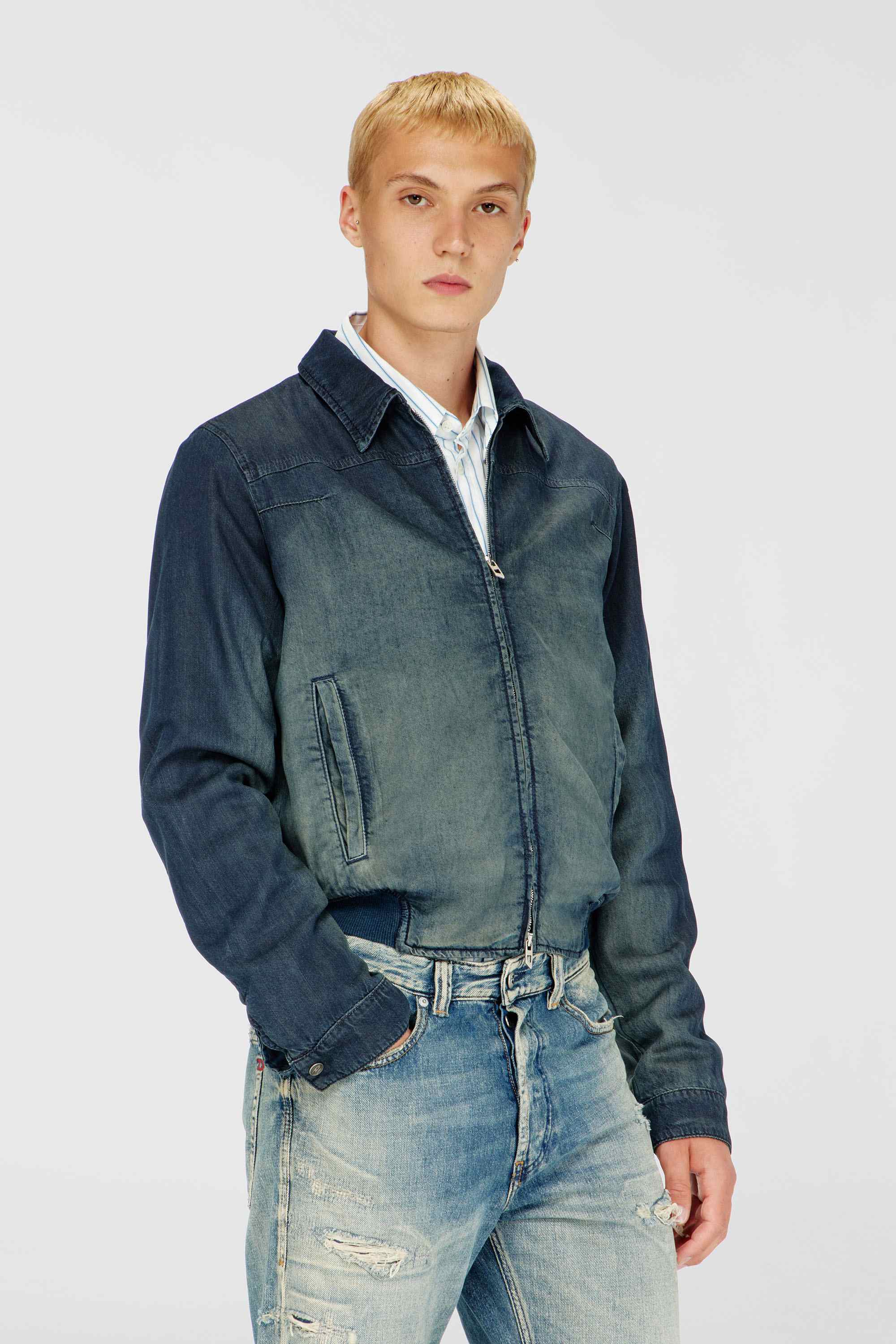 Blue Bomber jacket in fluid coated denim
