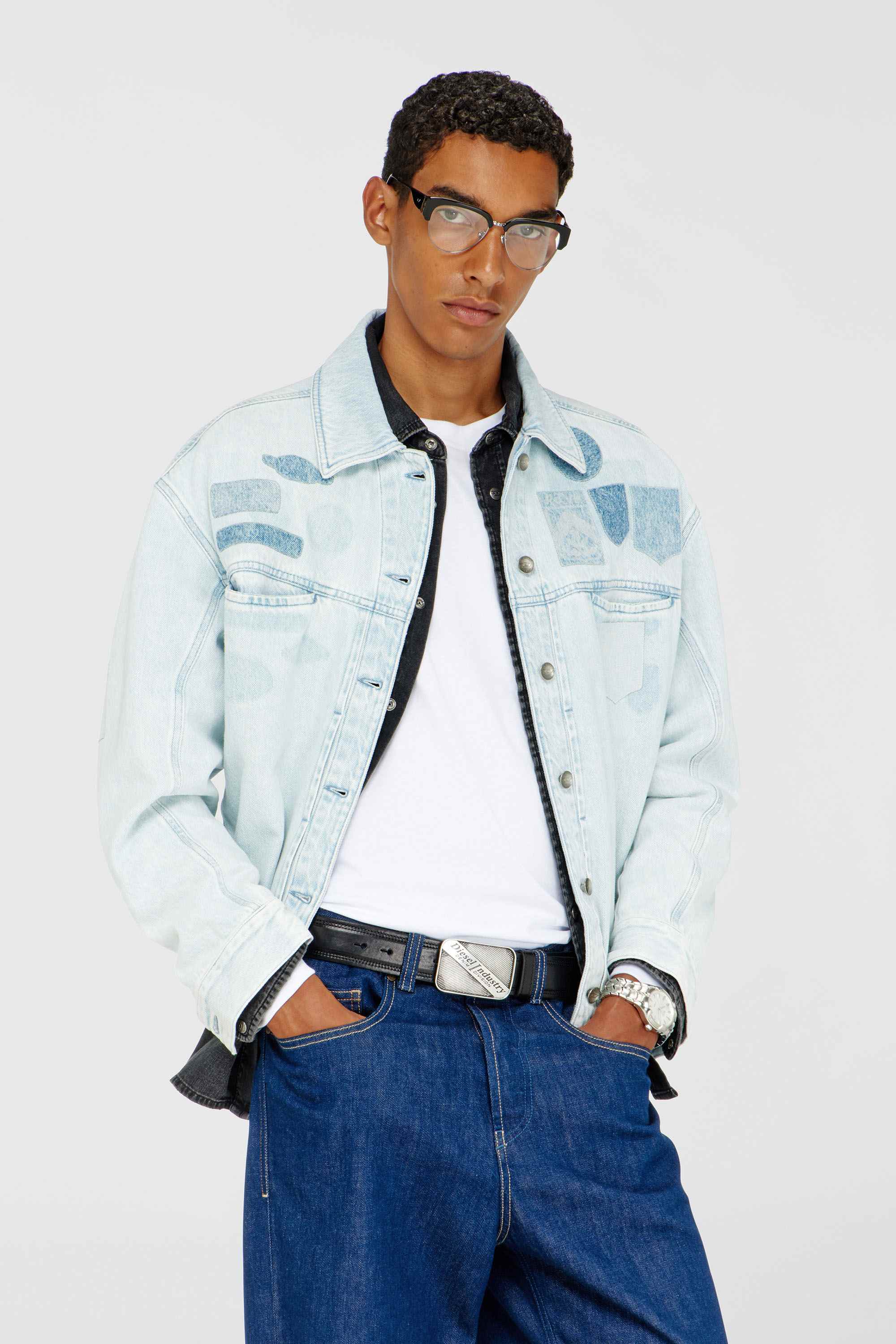 Blue Denim overshirt with patch effects