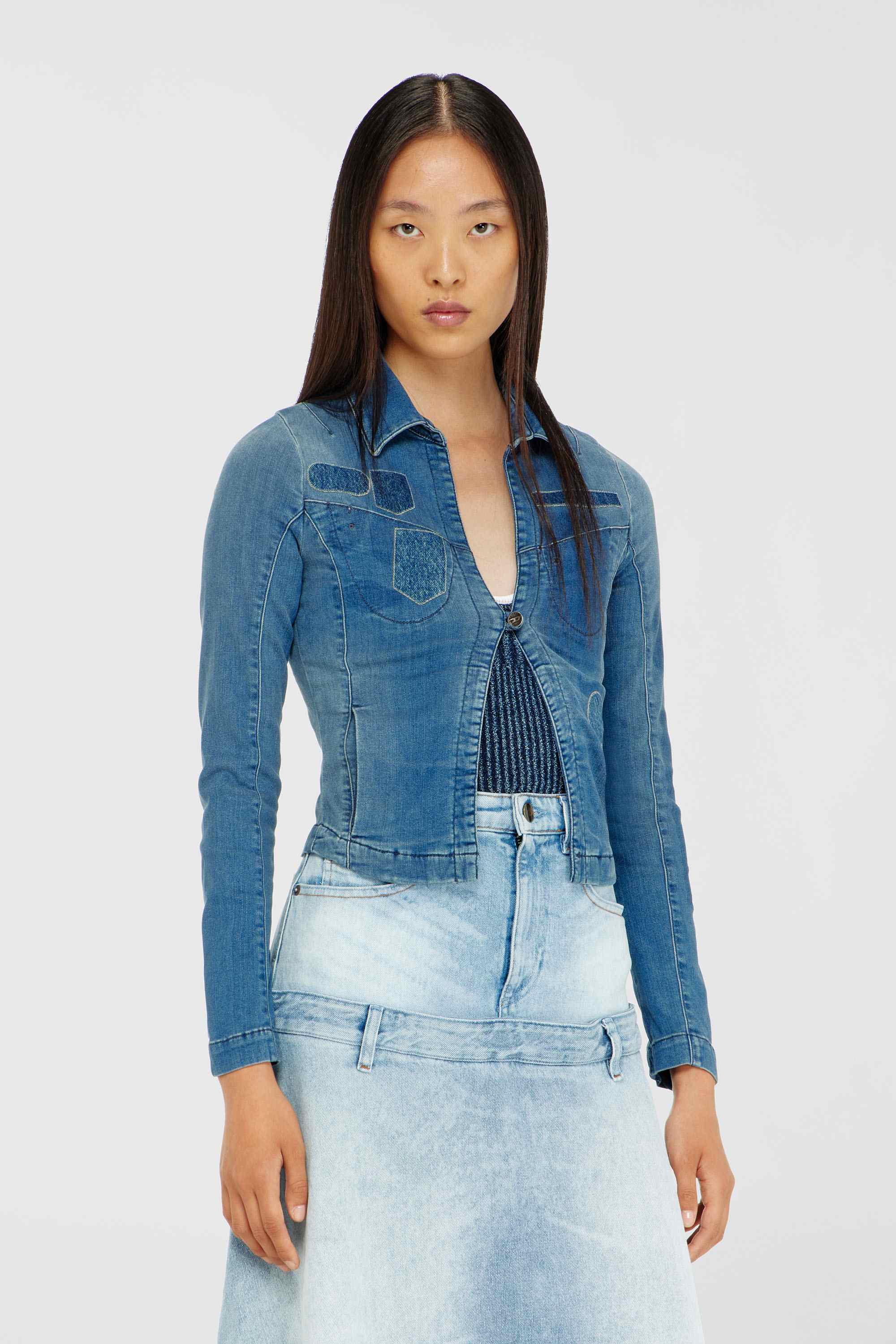 Blue One-button denim shirt with patch effects