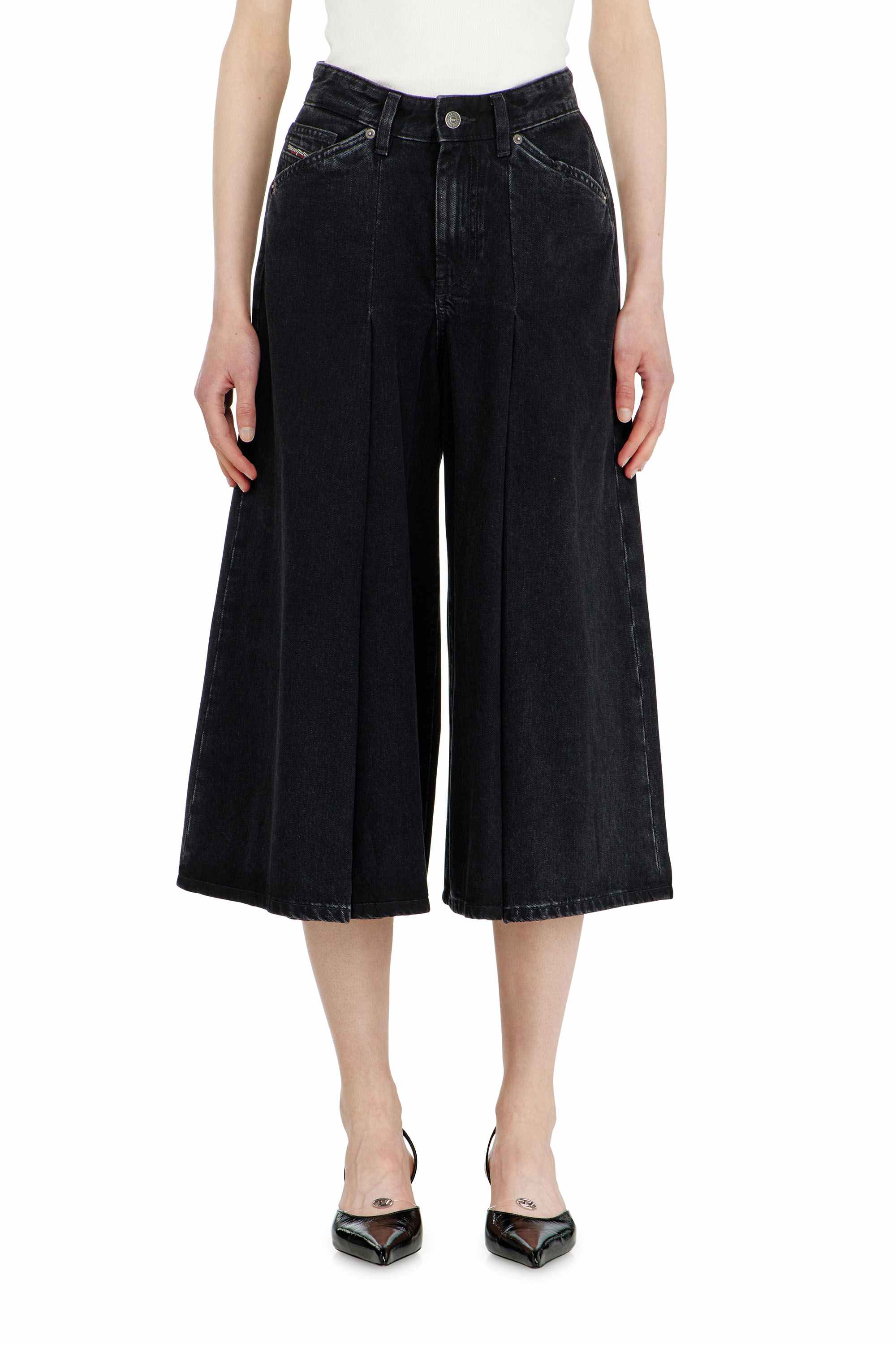 Black Denim Culottes With Pleats