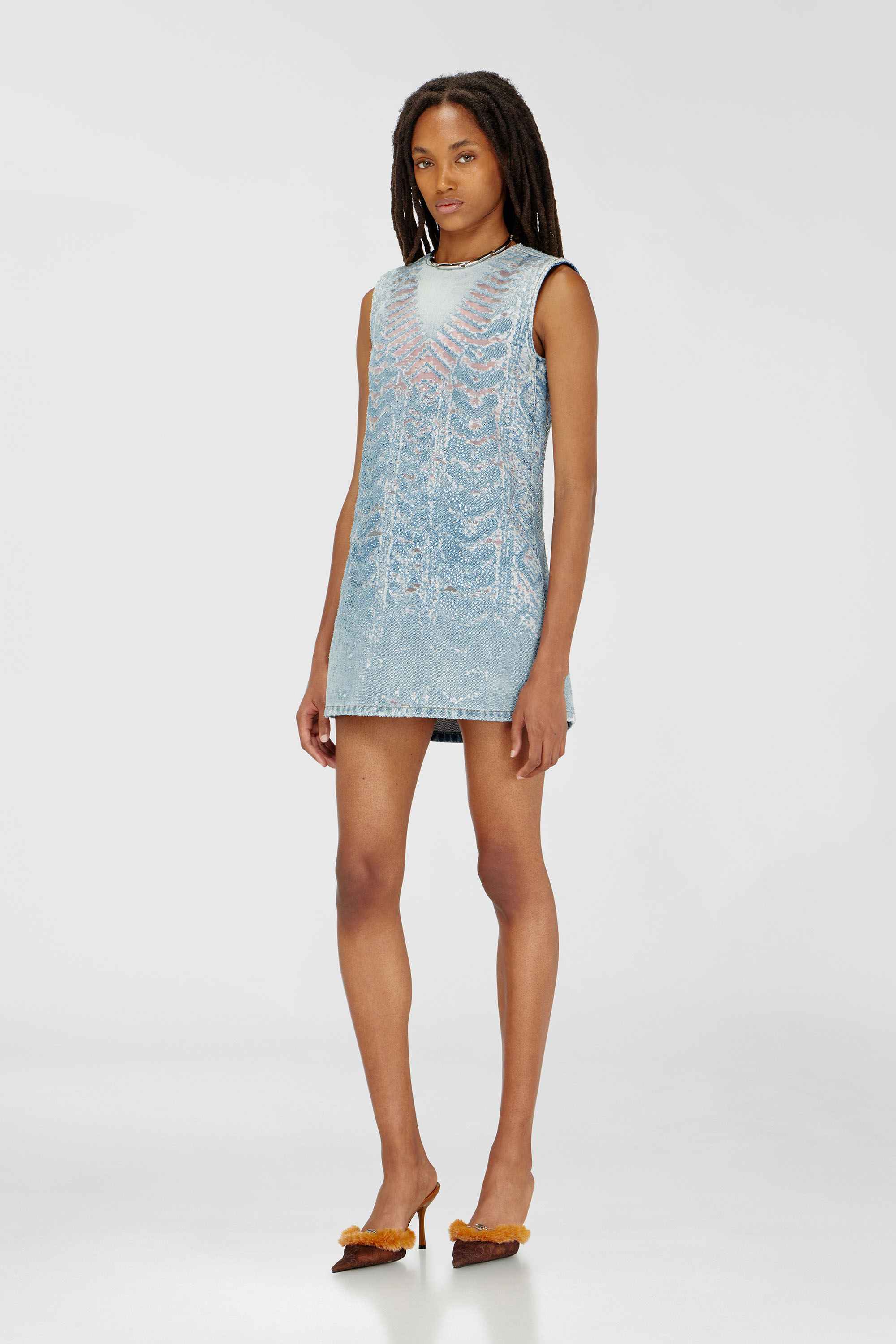 Blue Mini dress in microstone devoré denim