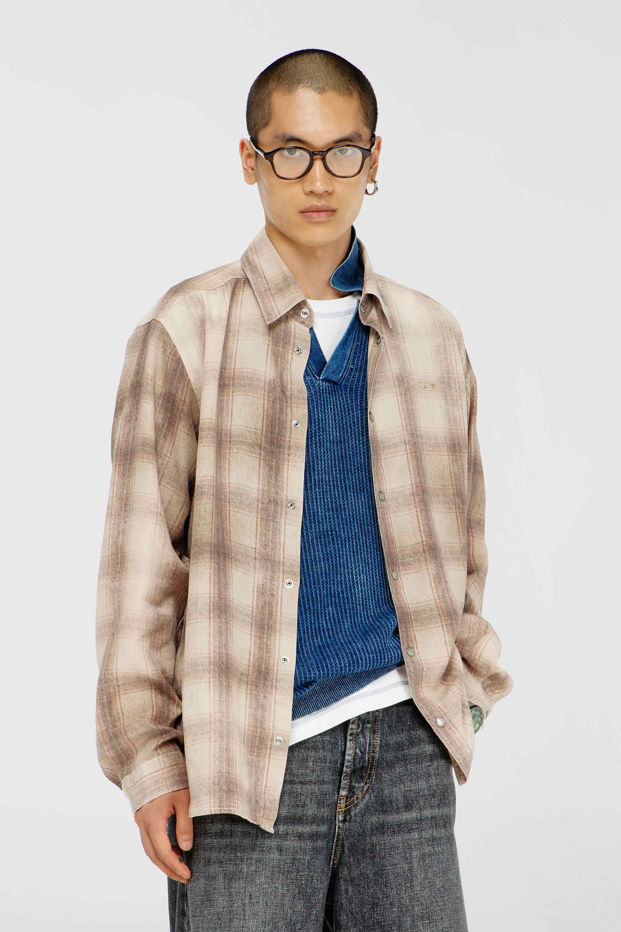 Brown Check shirt in fluid fabric