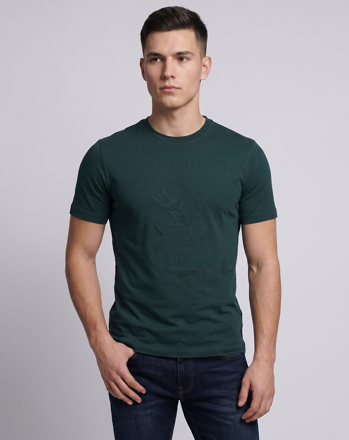 Cotton Slim Fit Solid Self Jacquard Graphic T-shirt