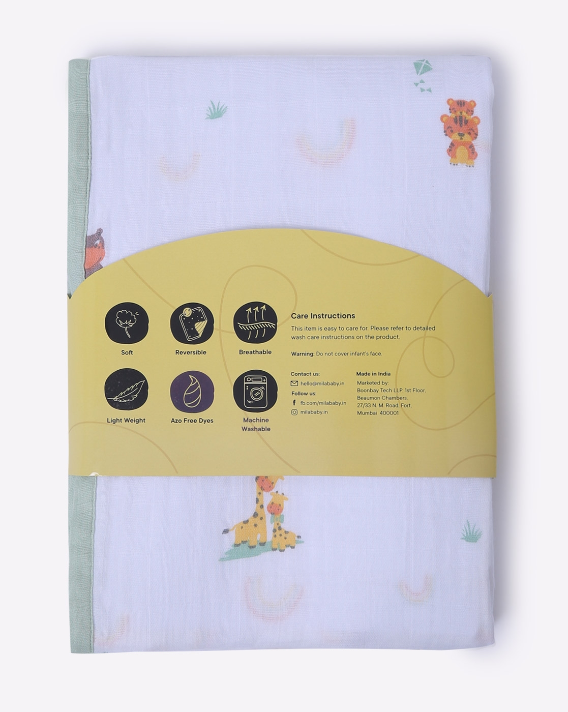 Mothercare | Mila Baby Muslin Blanket Animals and Rainbows Green 6