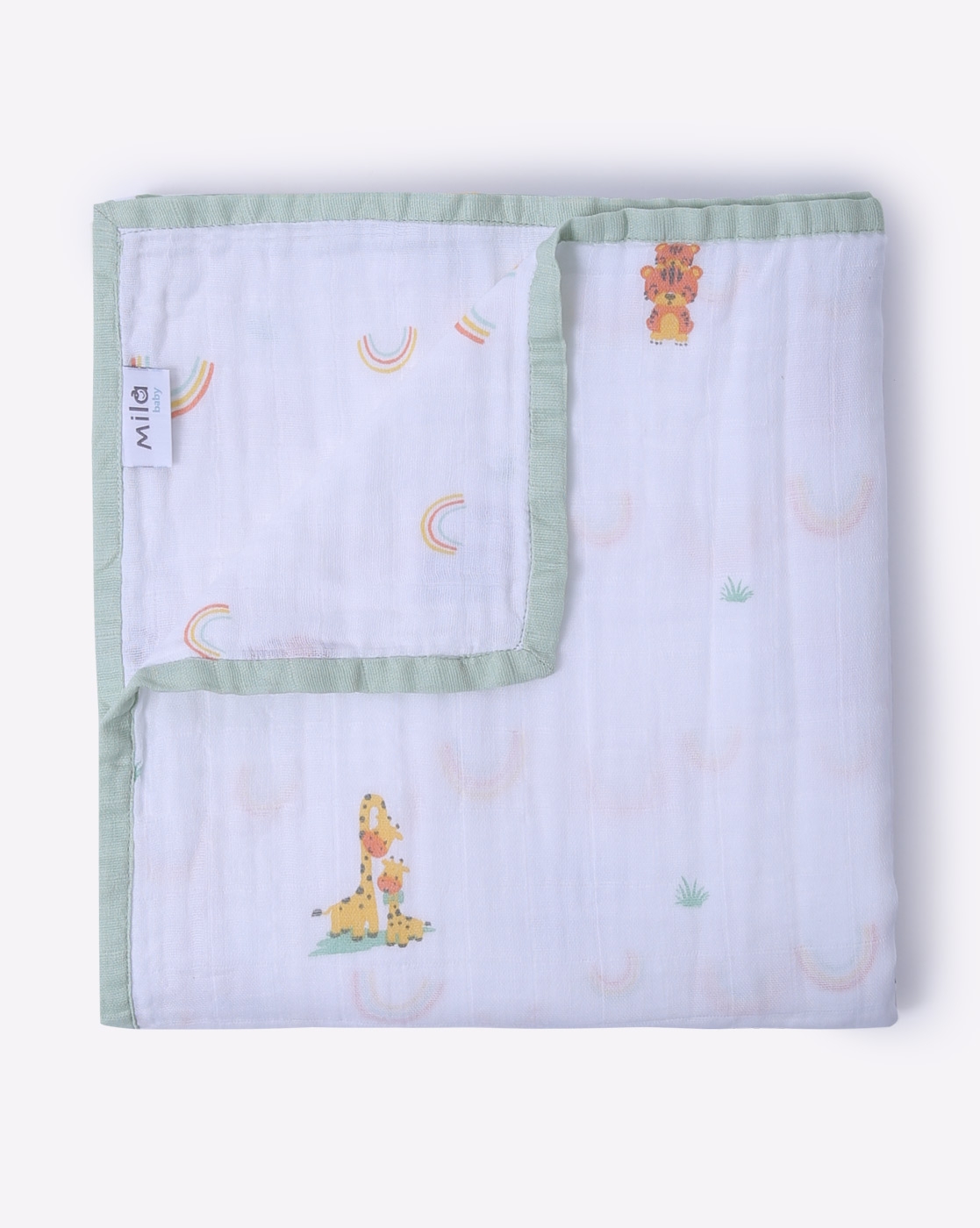 Mothercare | Mila Baby Muslin Blanket Animals and Rainbows Green 0