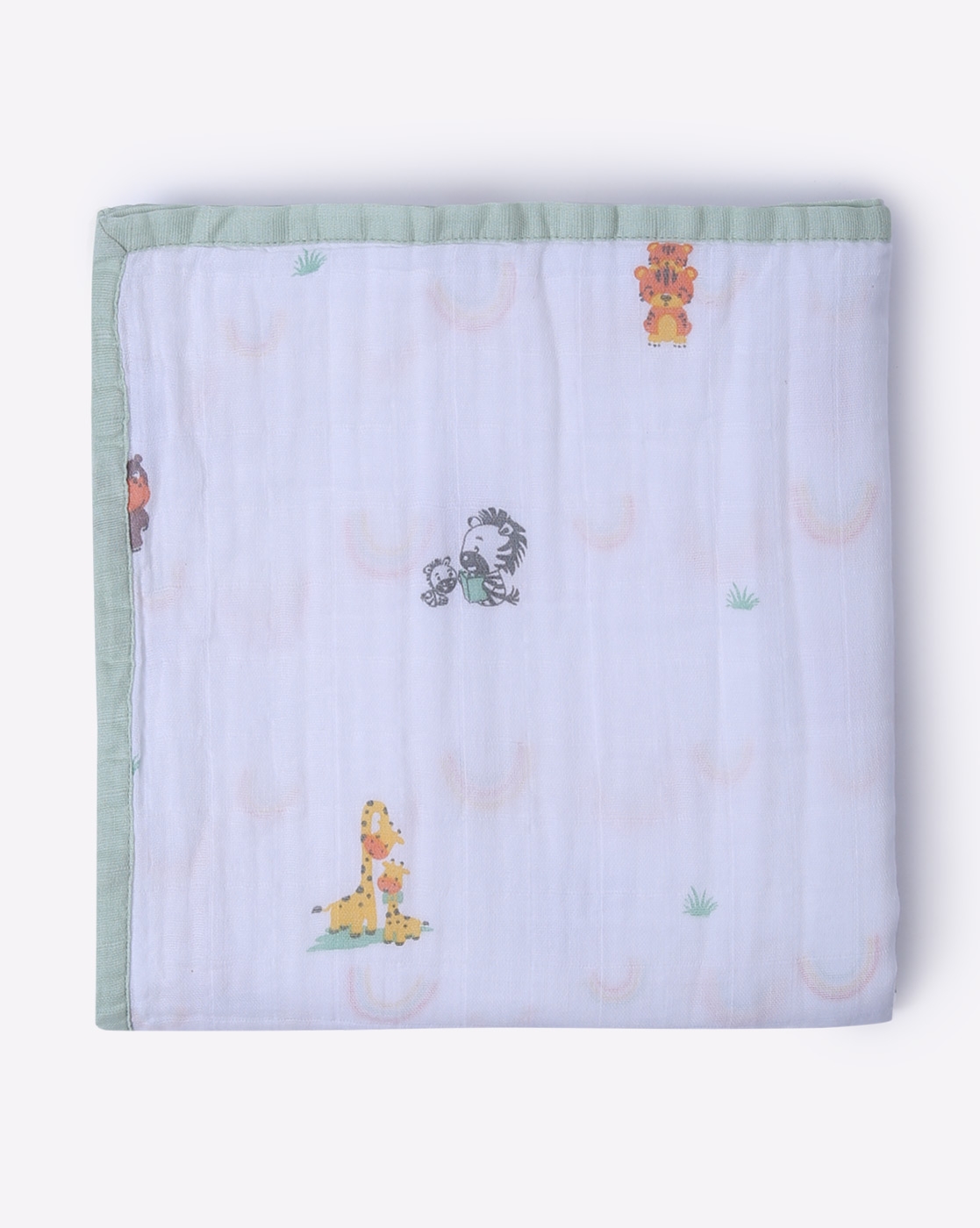 Mothercare | Mila Baby Muslin Blanket Animals and Rainbows Green 1