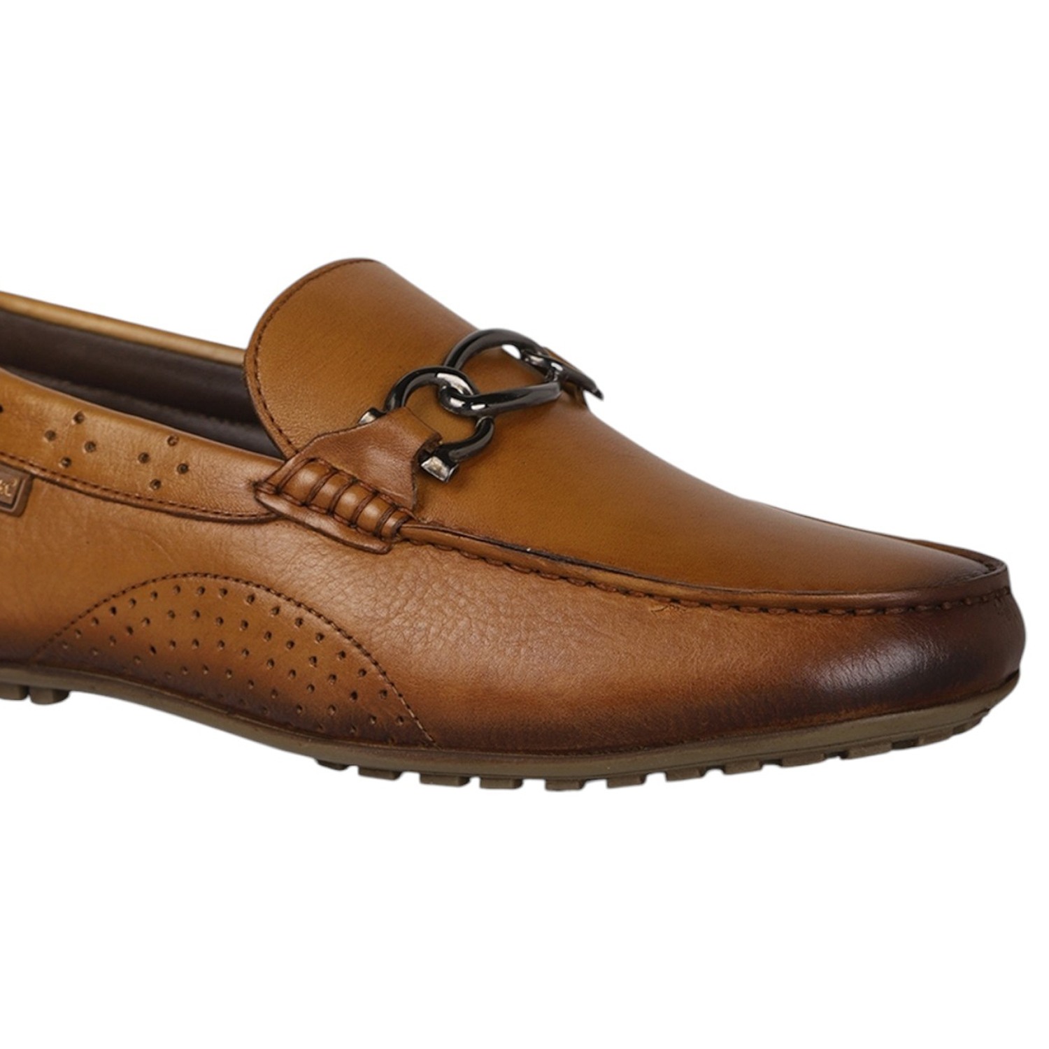 Men Tan Leather Loafers with Metal Bit Detail
