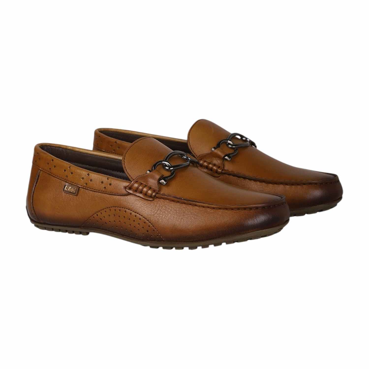 Men Tan Leather Loafers with Metal Bit Detail