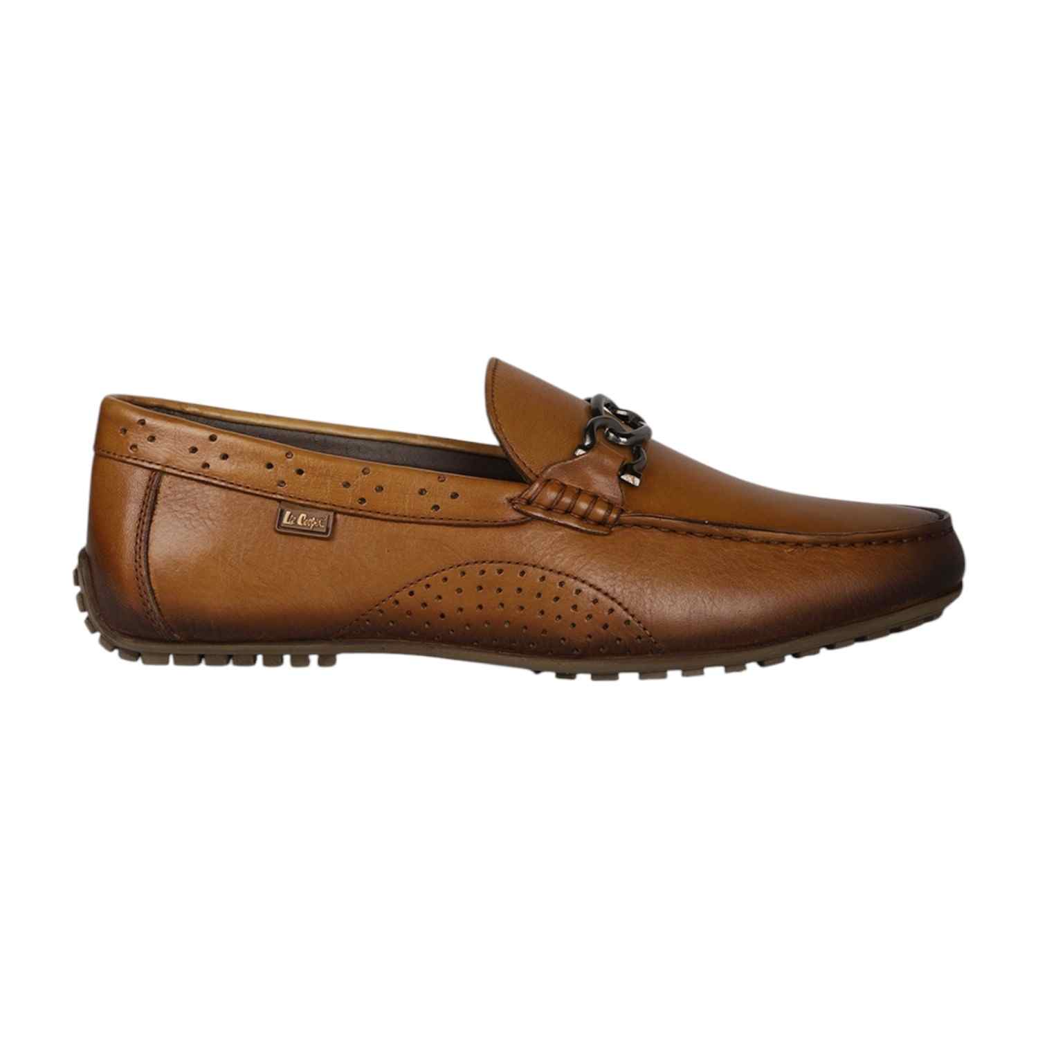 Men Tan Leather Loafers with Metal Bit Detail