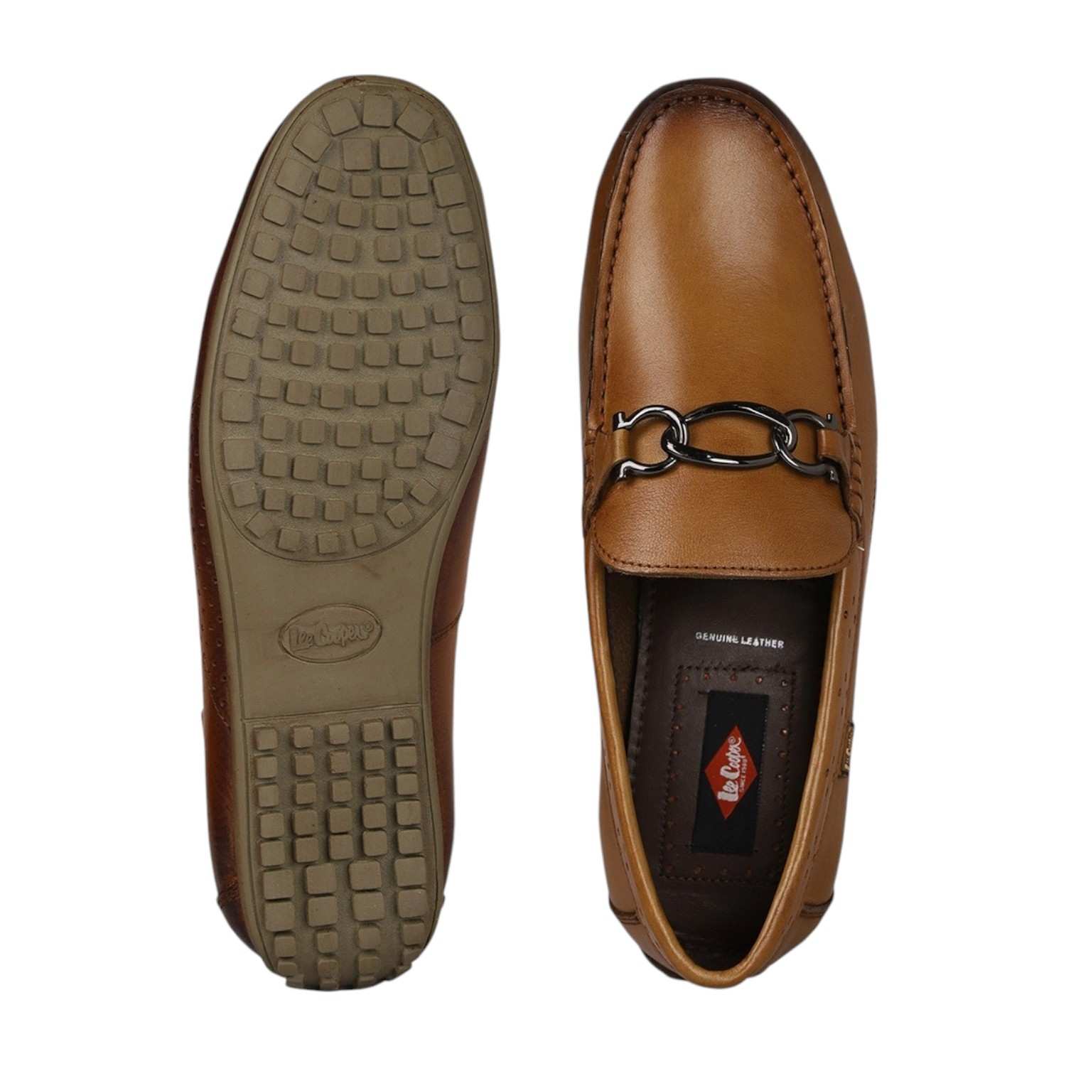Men Tan Leather Loafers with Metal Bit Detail