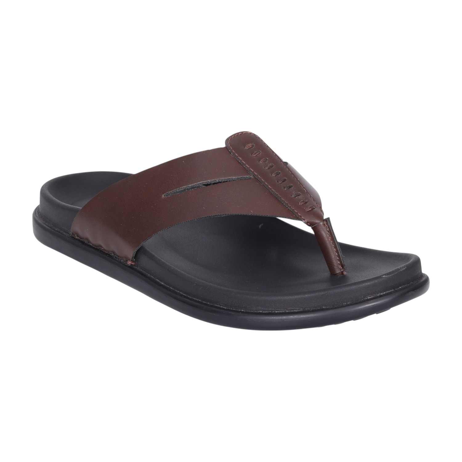 Men Brown Leather Thong Sandals with Cushioned Footbed