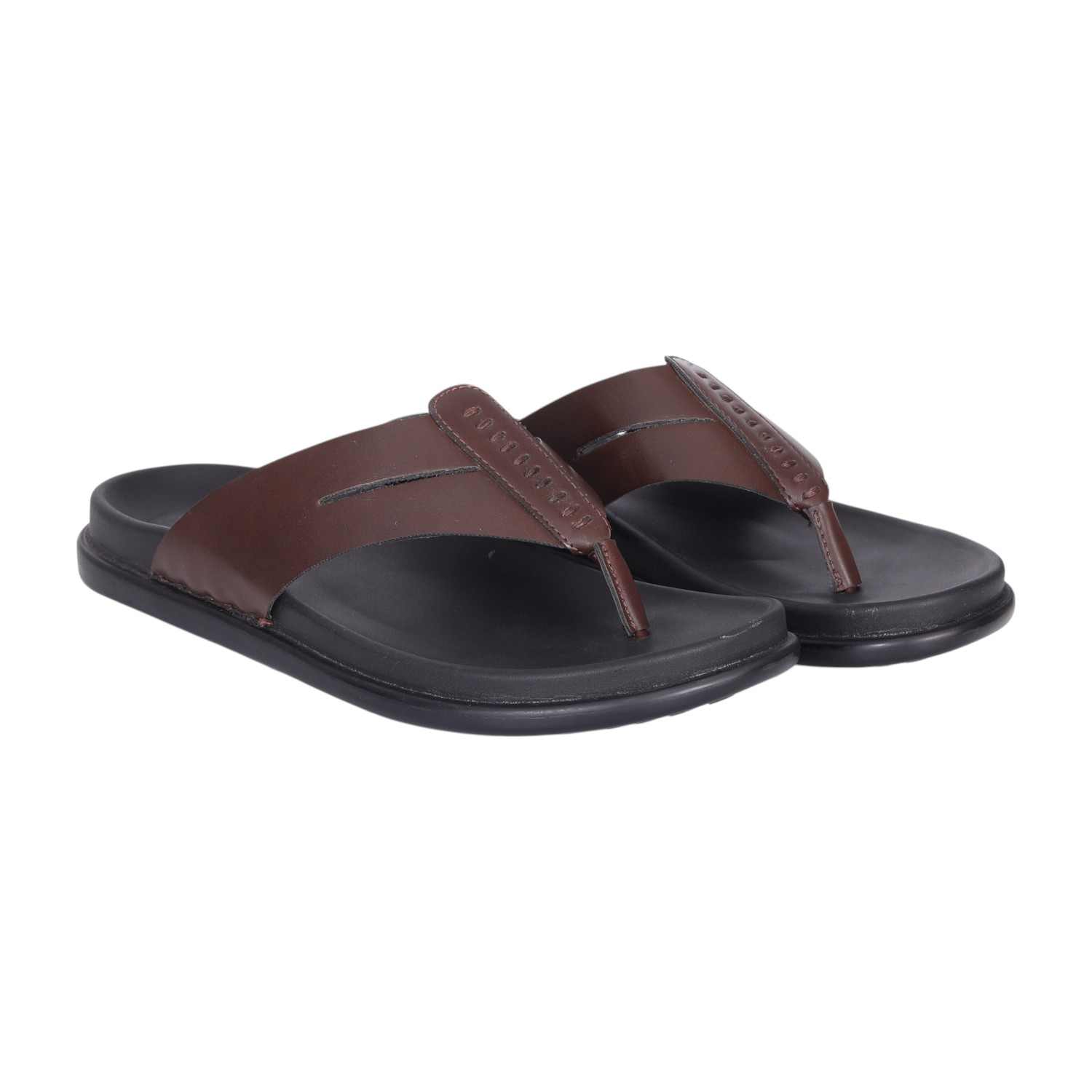 Men Brown Leather Thong Sandals with Cushioned Footbed