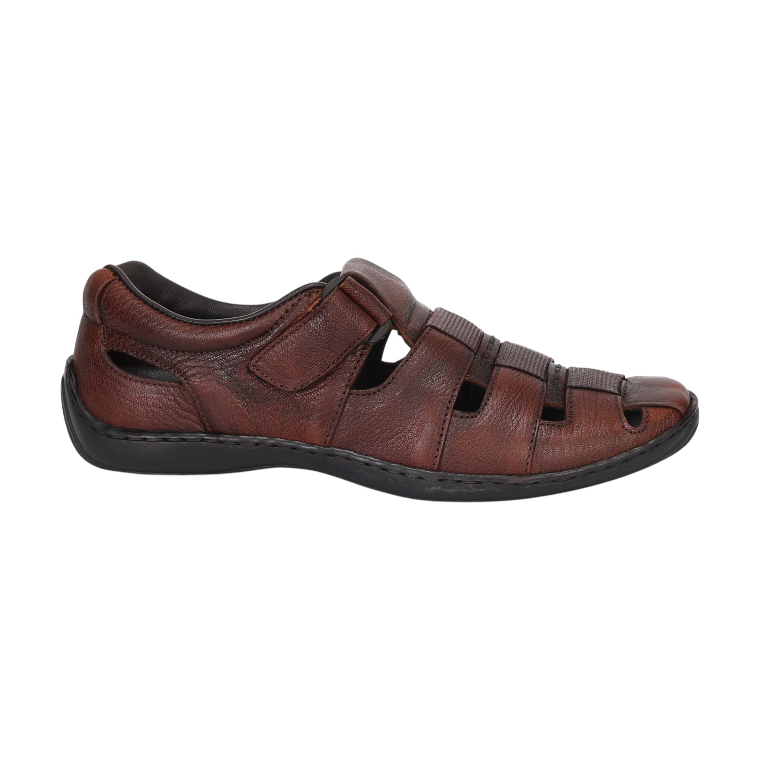 Men Tan Closed-Toe Leather Sandals With Velcro Strap