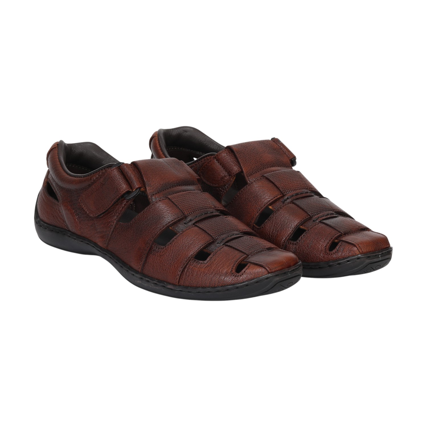 Men Tan Closed-Toe Leather Sandals With Velcro Strap